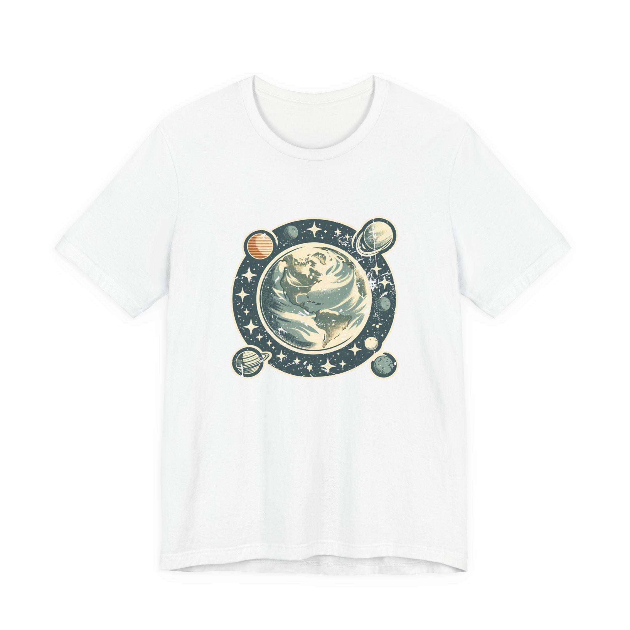 Earth Was Cool Tshirt – Gray Earth with Circular Planets and Stars Design