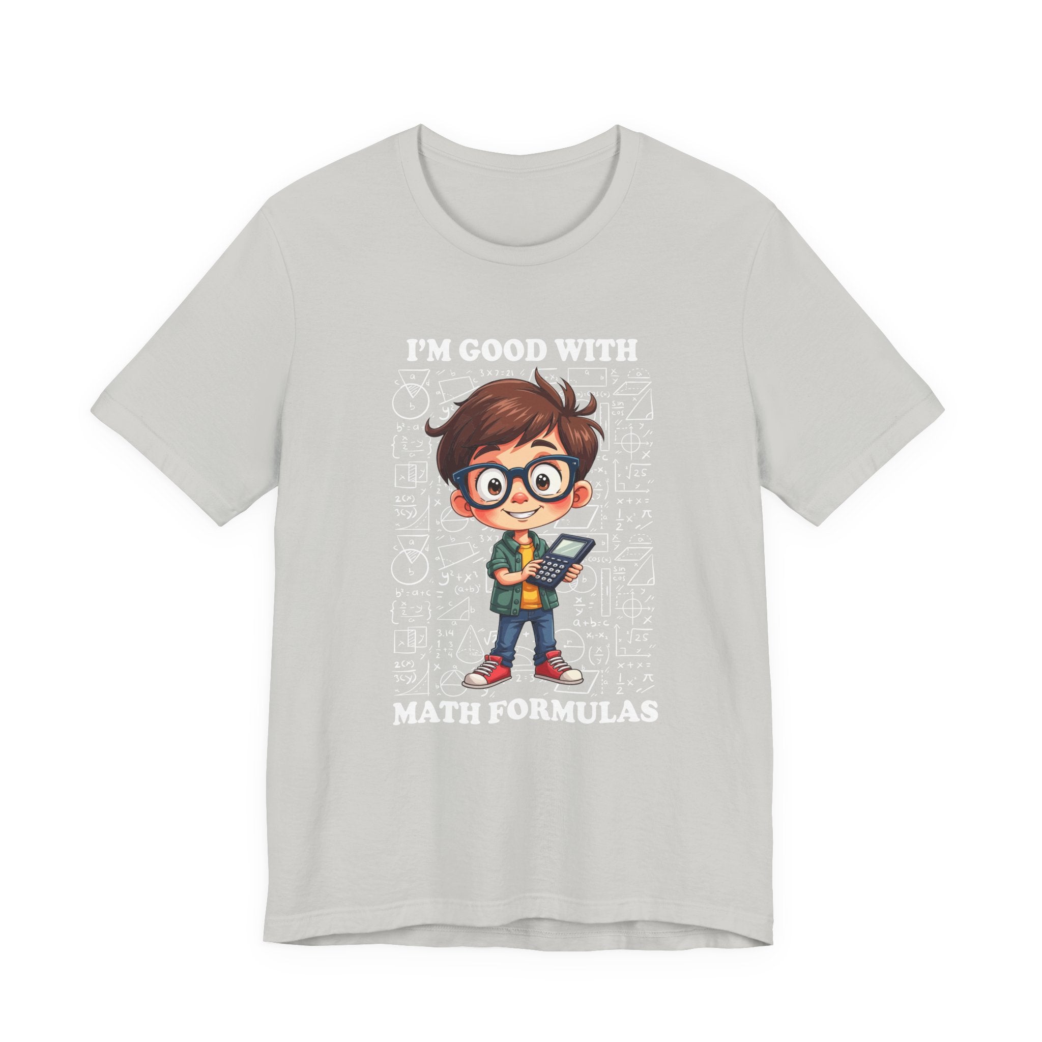 I'm Good with Math Formulas Tshirt – Happy Boy with Calculator and Math Diagrams