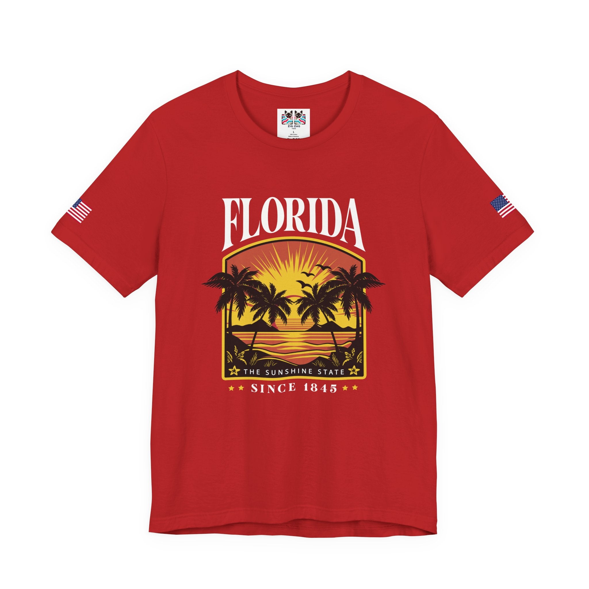 Florida The Sunshine State Since 1845 T-Shirt – Retro Badge Palm Tree Sunset Graphic Tee