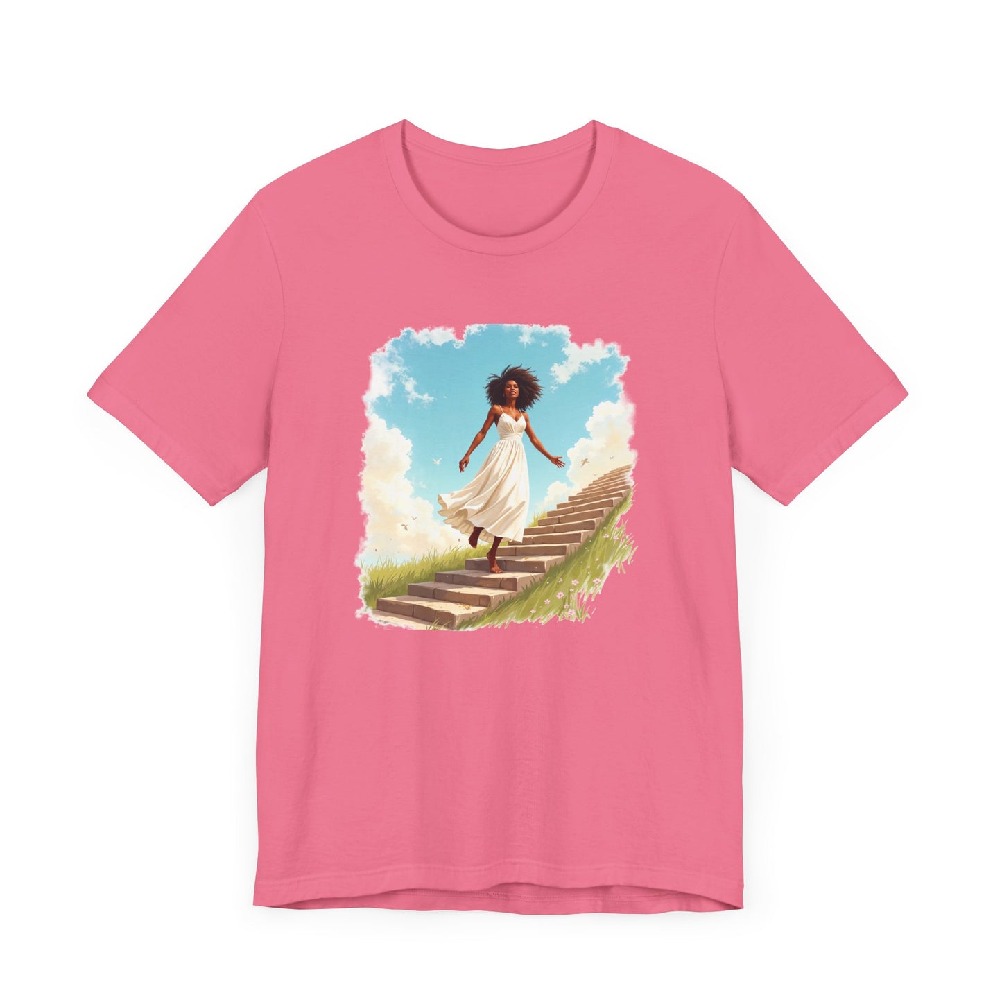 Graceful Woman in White Dress Walking on Stairs – Blue Sky & Green Ground Graphic T-Shirt