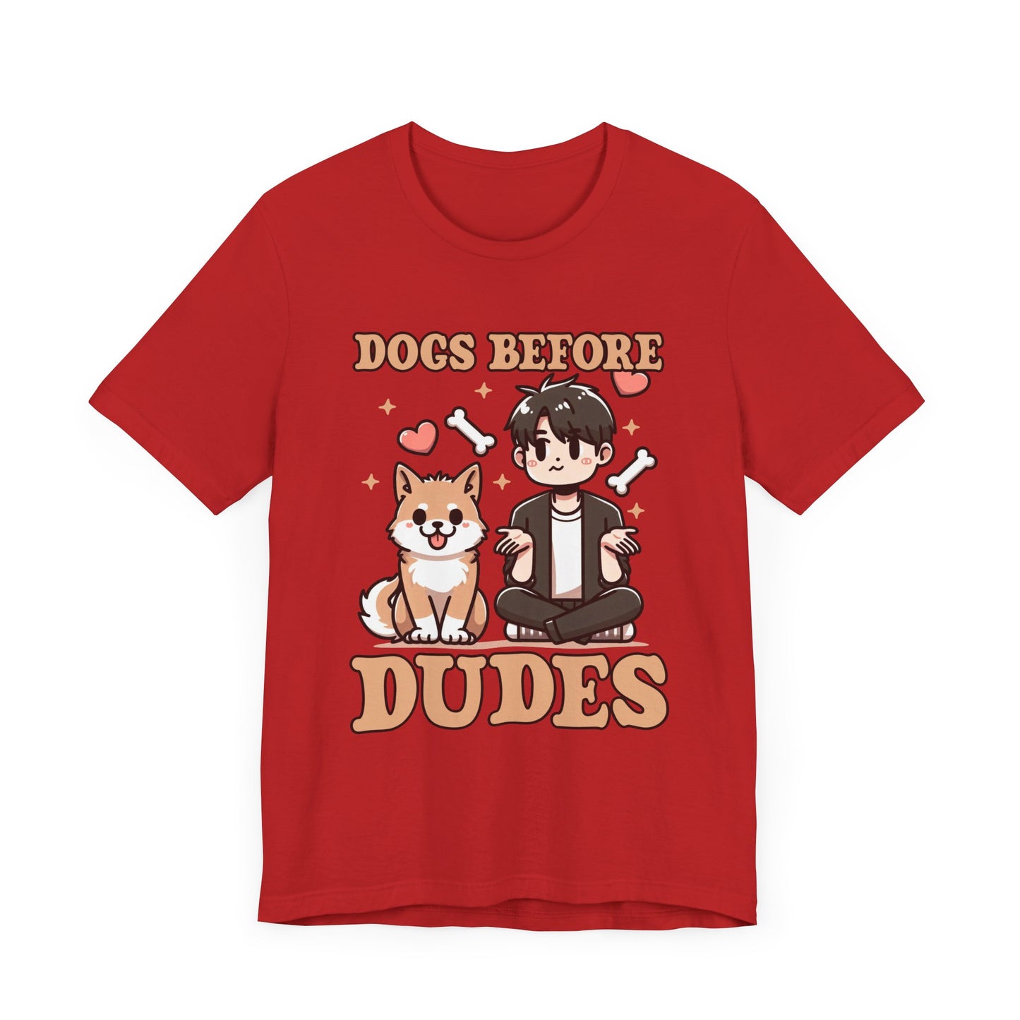 Dogs Before Dudes | Smiling Puppy & Surprised Boy with Hearts, Bones, and Stars T-Shirt