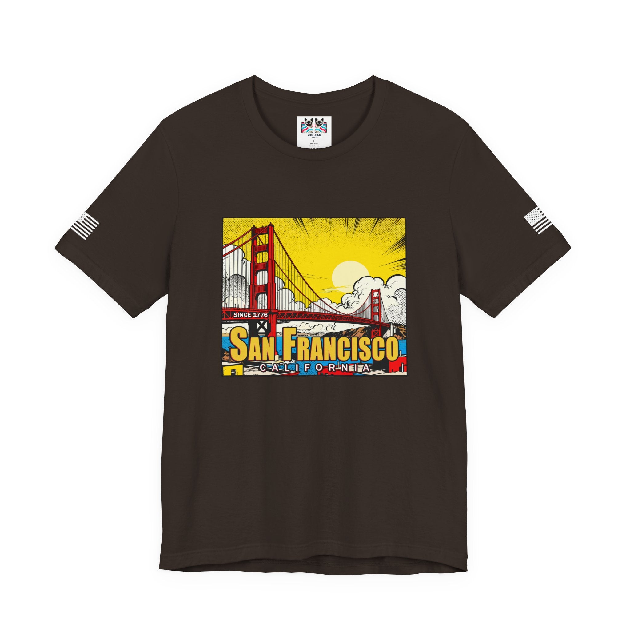 San Francisco California Comic Style T-Shirt – Golden Gate Bridge Pop Art Graphic Tee Since 1776
