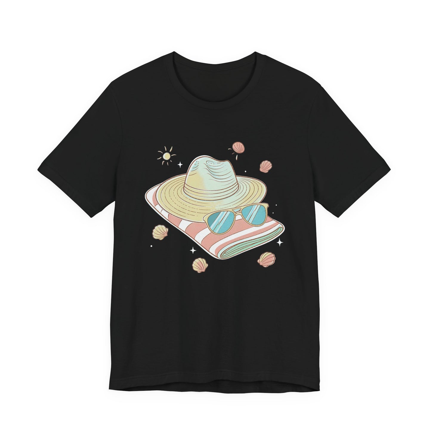 Sun Kissed & Carefree Beach Day Essentials – Towel, Sunglasses & Hat with Sun and Seashells Graphic T-Shirt