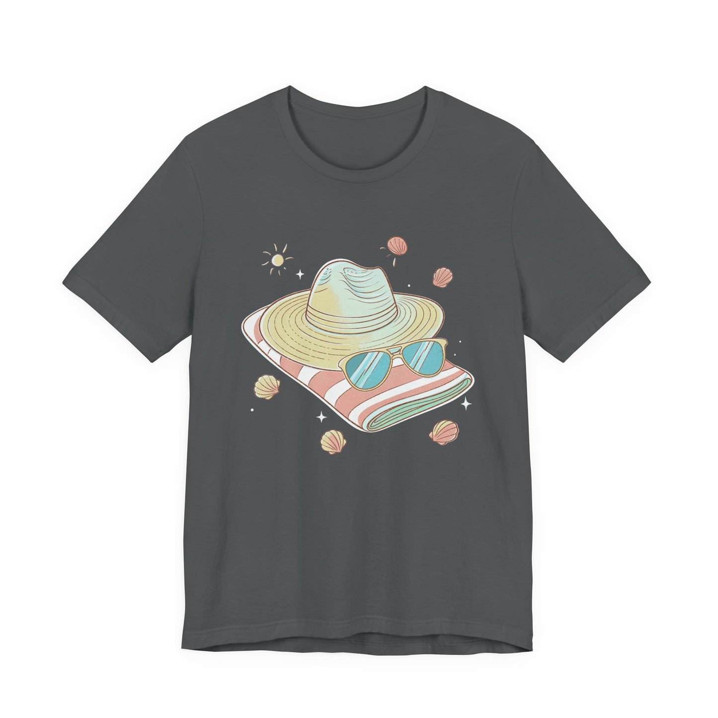 Sun Kissed & Carefree Beach Day Essentials – Towel, Sunglasses & Hat with Sun and Seashells Graphic T-Shirt