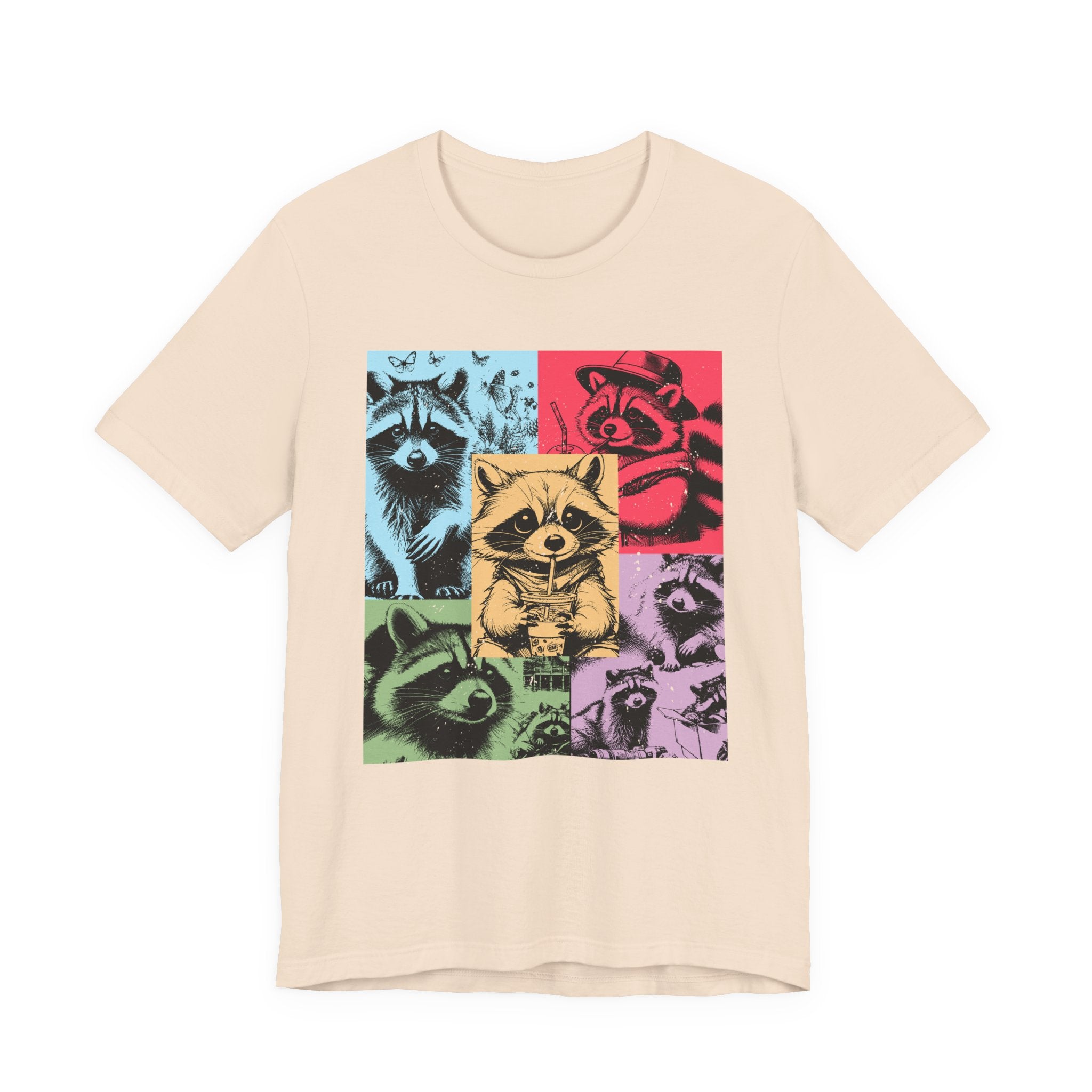 Colorful Raccoons T-Shirt – Playful Multi-Color Raccoons with Sipping Raccoon Graphic