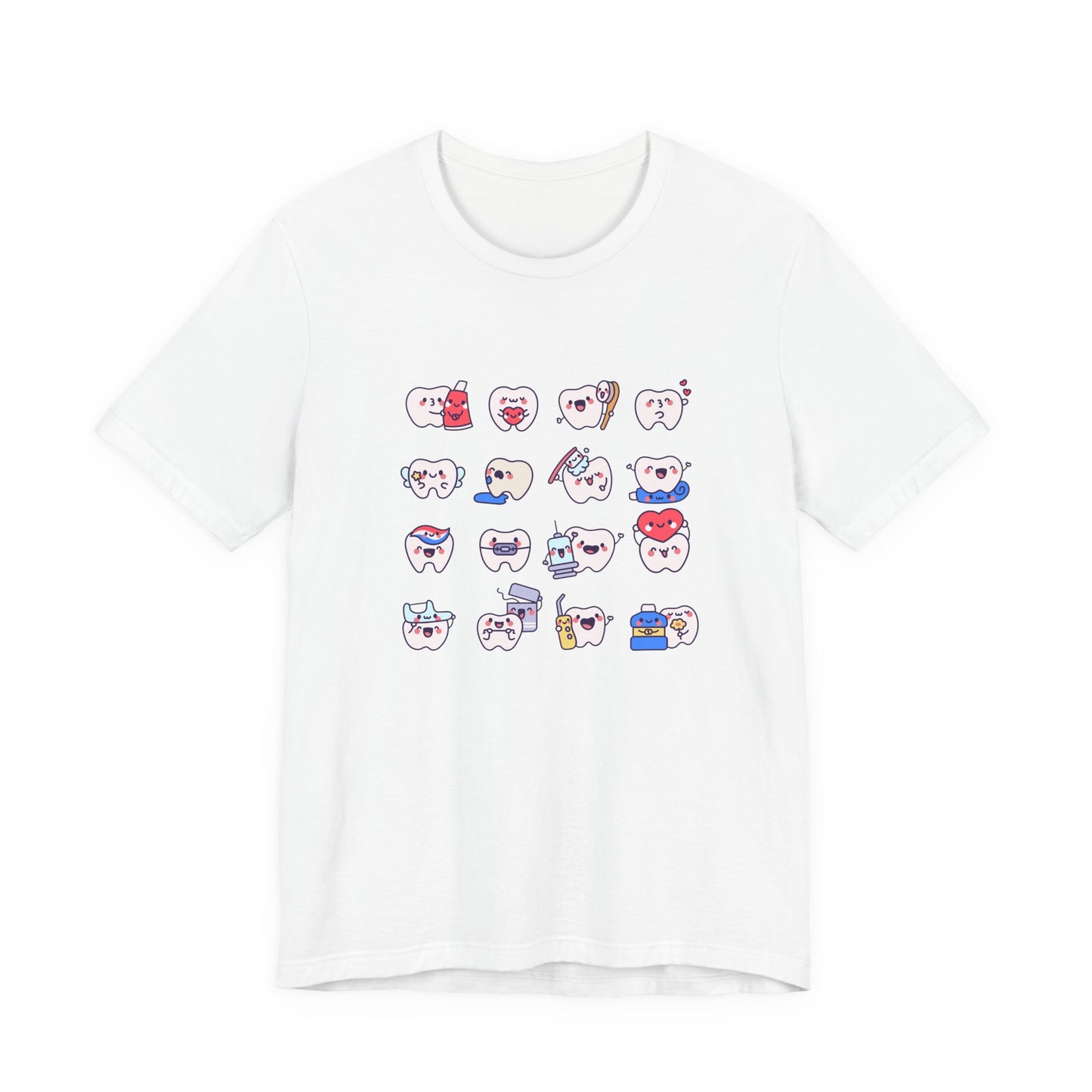 Happy Smiling Teeth T Shirt Sixteen Tooth Characters with Dental Care Items