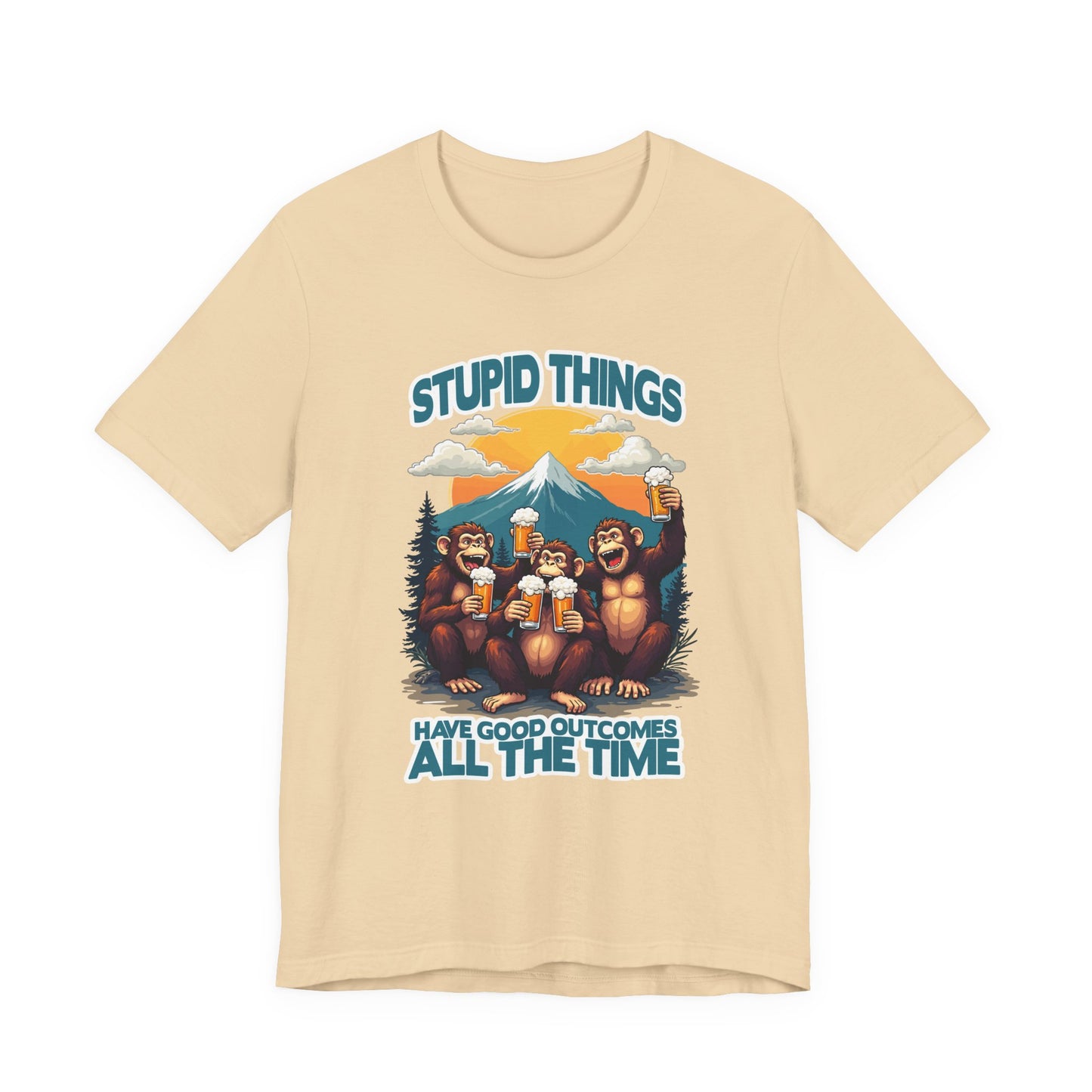 Stupid Things Have Good Outcomes Tshirt – Three Monkeys Cheers with Beer Mugs & Mountain Scene