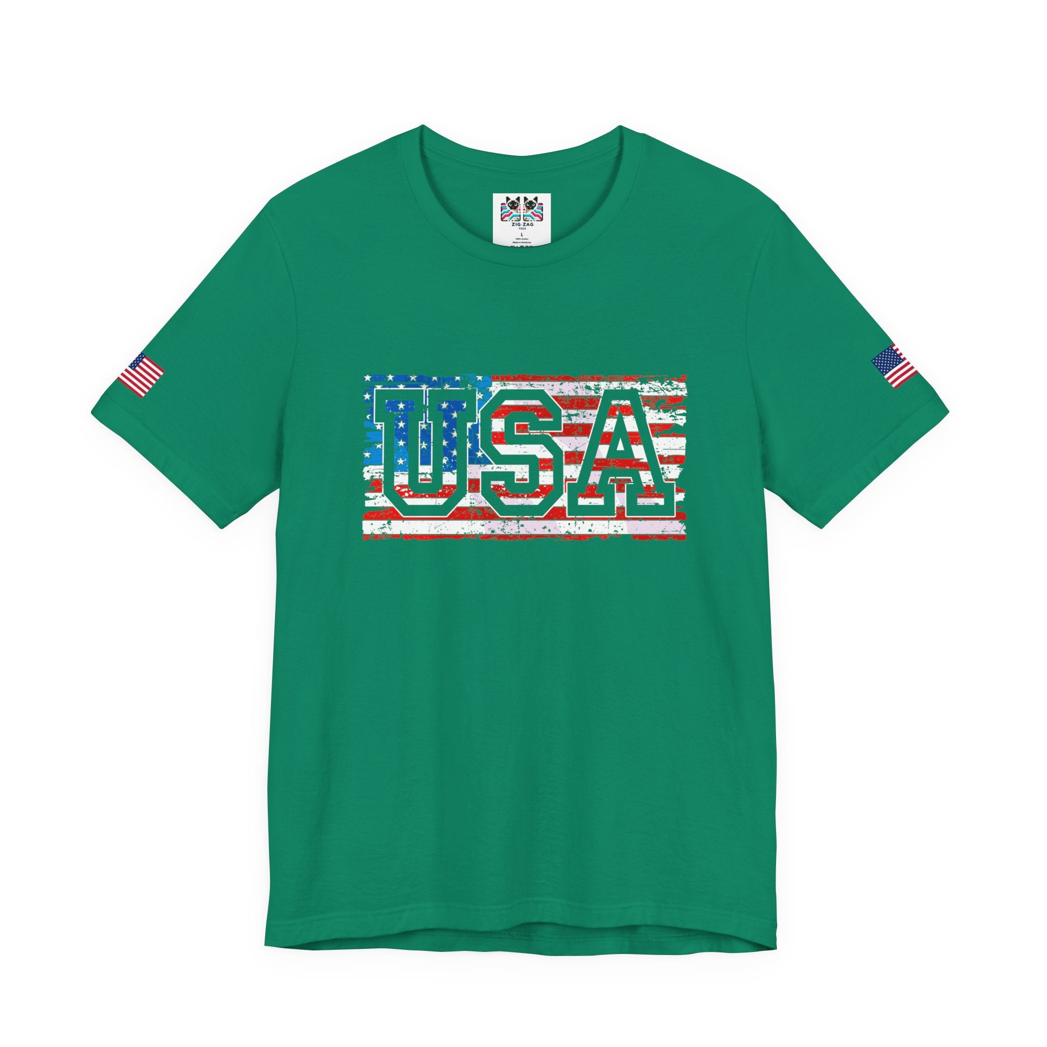 USA Vintage Collegiate T-Shirt – Retro American Flag Typography Graphic Tee