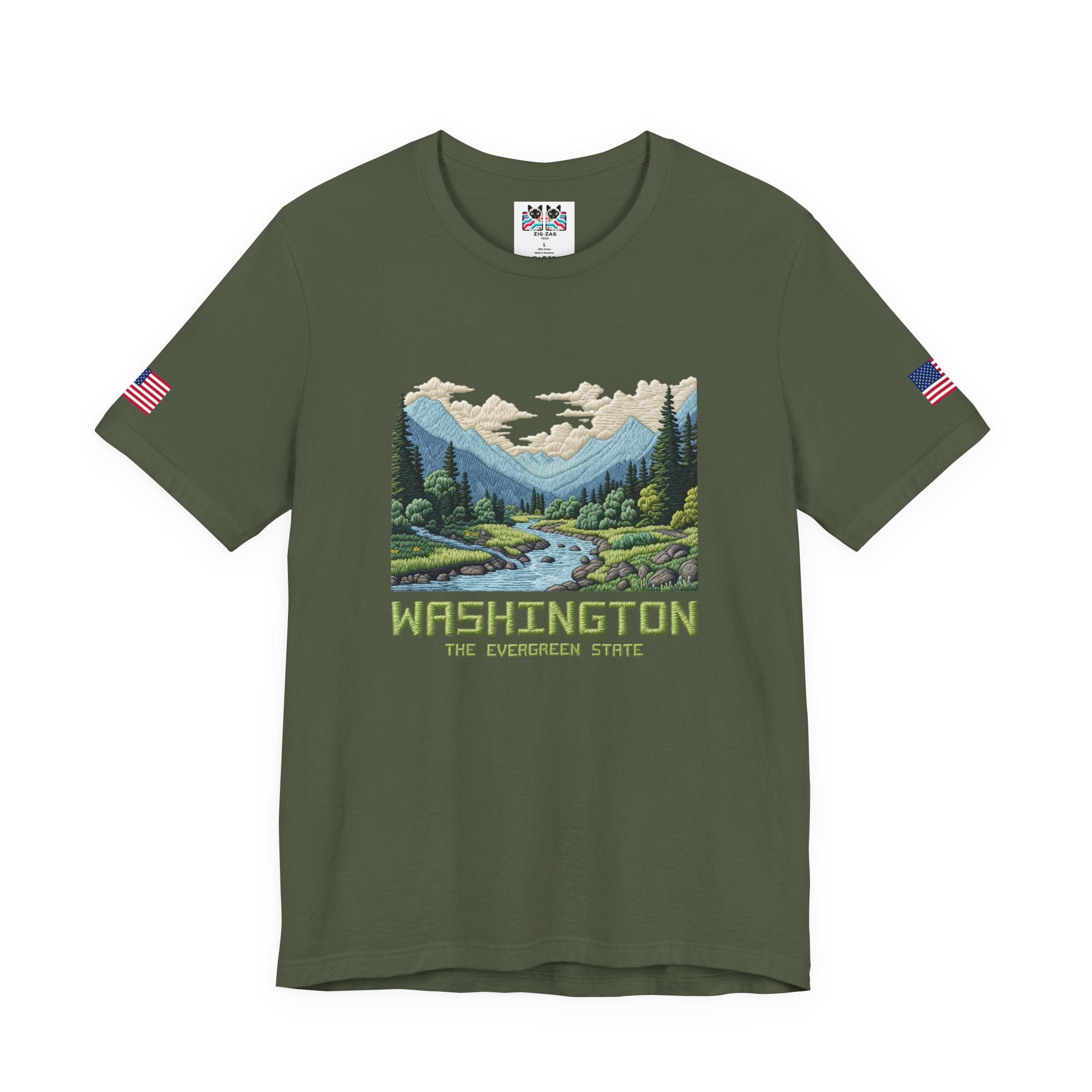 Washington The Evergreen State Embroidery-Style Mountain River Graphic T-Shirt | Pacific Northwest Nature Tee | WA Souvenir