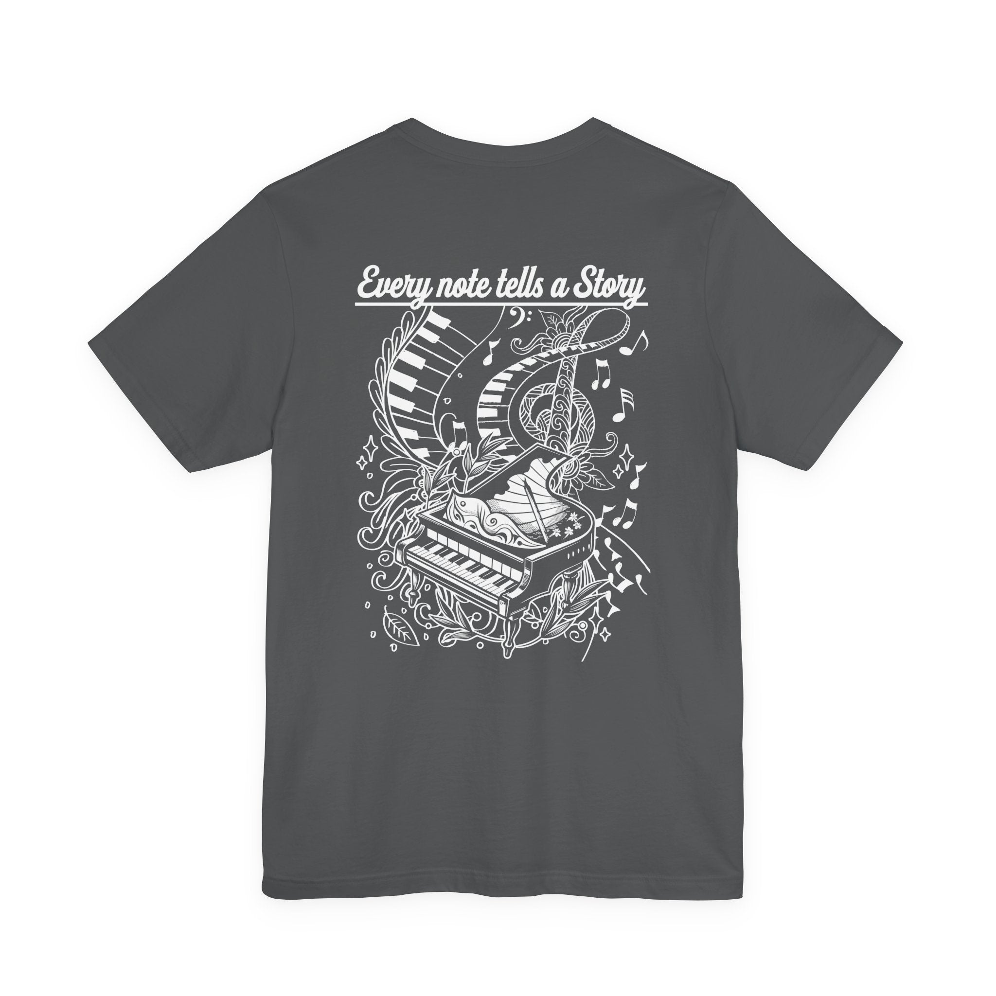 Grand Piano Story T-Shirt – Artistic Music Notes & Keys Graphic