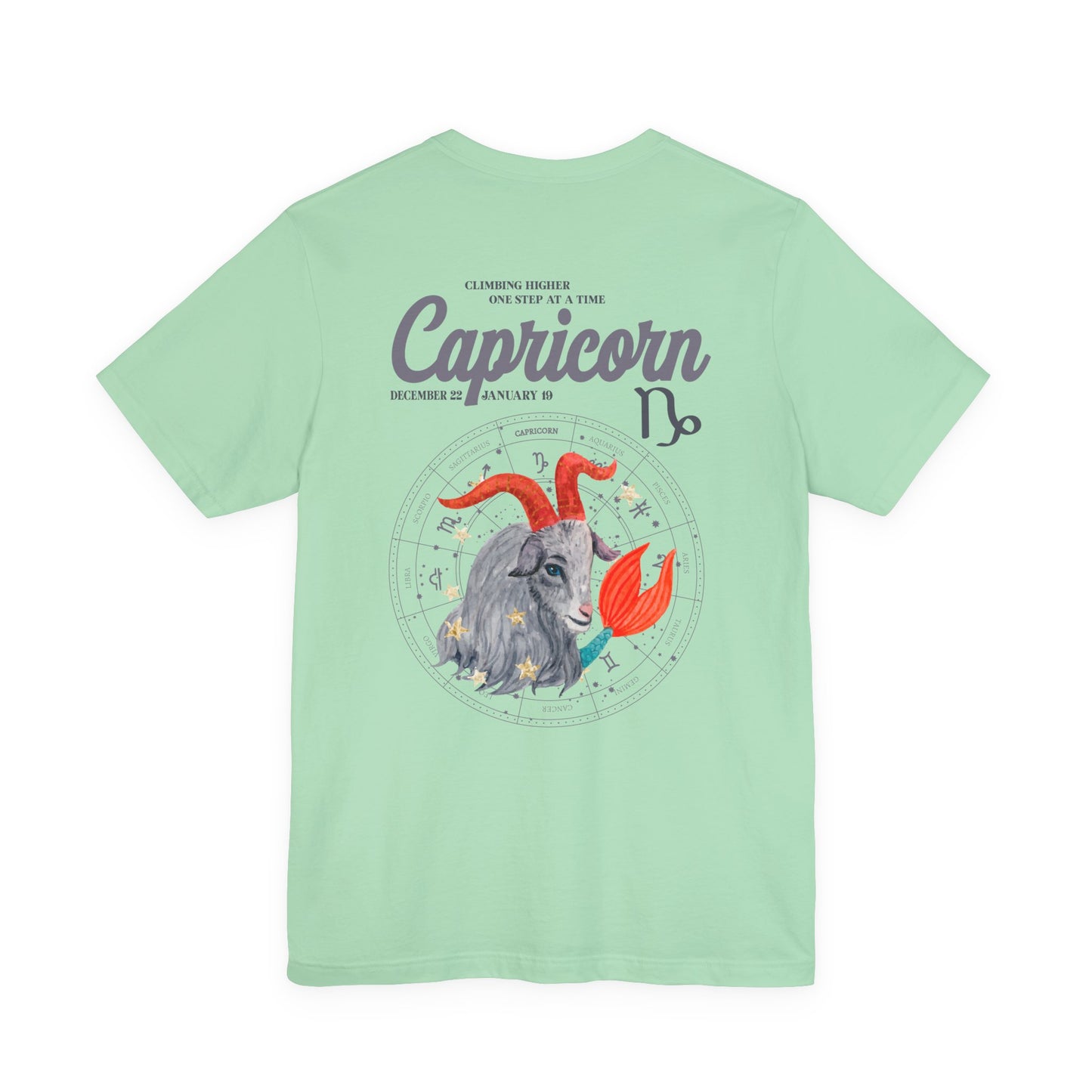 Capricorn Zodiac T-Shirt – Climbing Higher One Step At A Time Astrological wheel