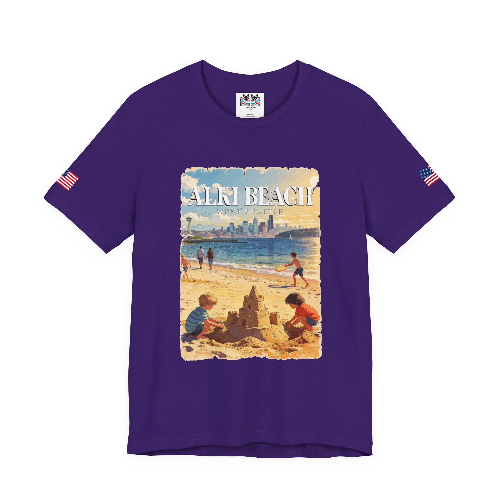 Alki Beach West Seattle Vintage Travel Poster Graphic T-Shirt | West Seattle Souvenir Tee | Puget Sound Beach Shirt
