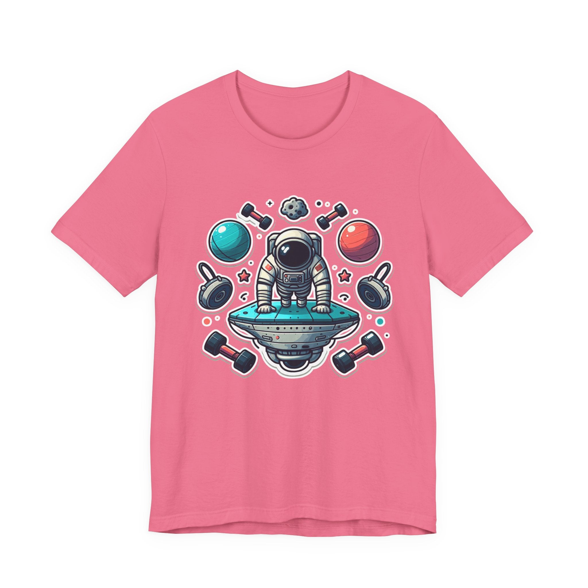 Rocket Science is My Cardio - Astronaut Doing Pushups Tshirt – Space Workout with Gadgets, Planets, and Dumbbells