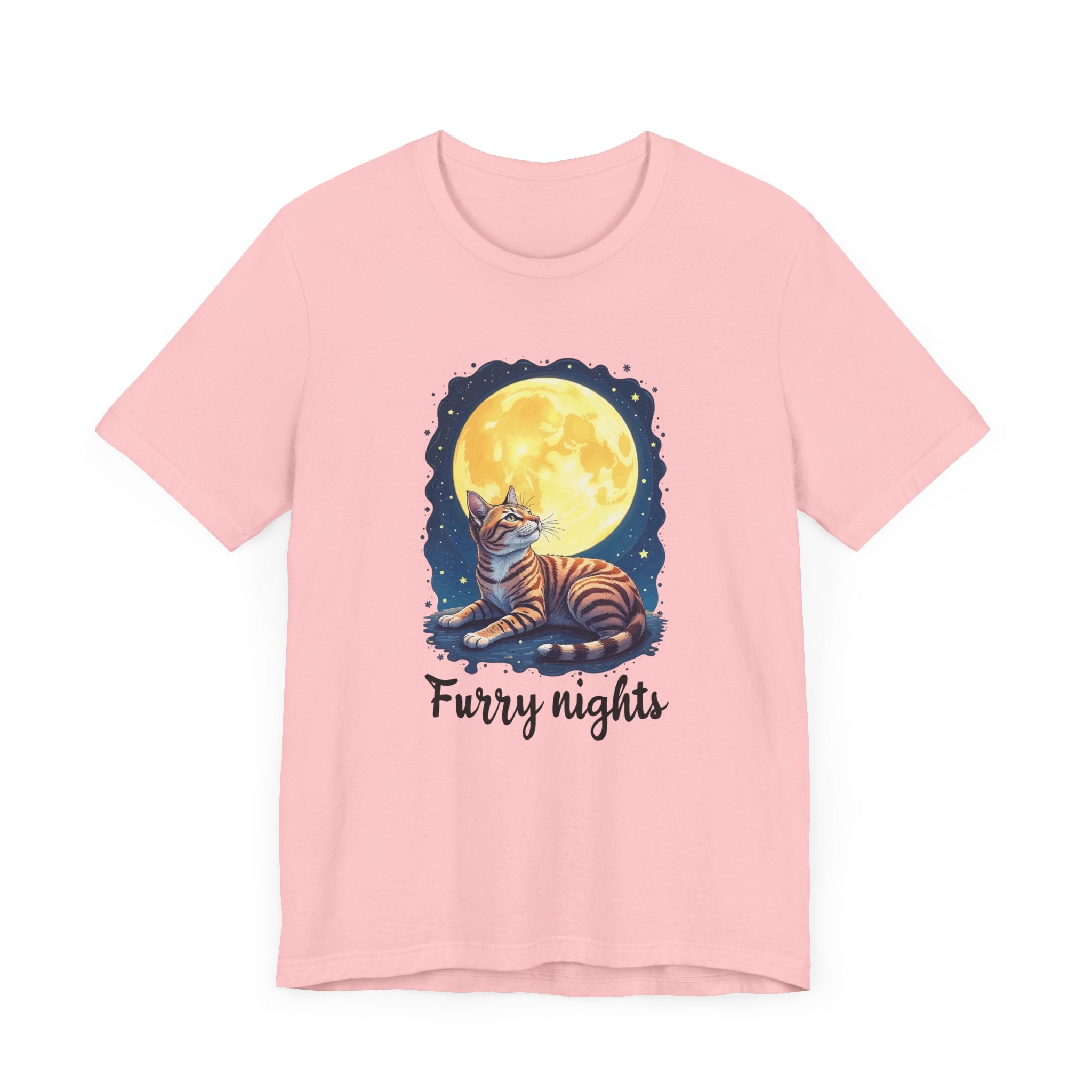 Moon Bath  - Furry Nights – Cat Watching Full Moon and Starry Sky Graphic T-Shirt