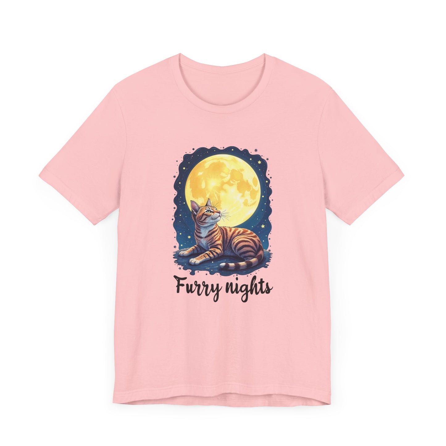 Moon Bath  - Furry Nights – Cat Watching Full Moon and Starry Sky Graphic T-Shirt