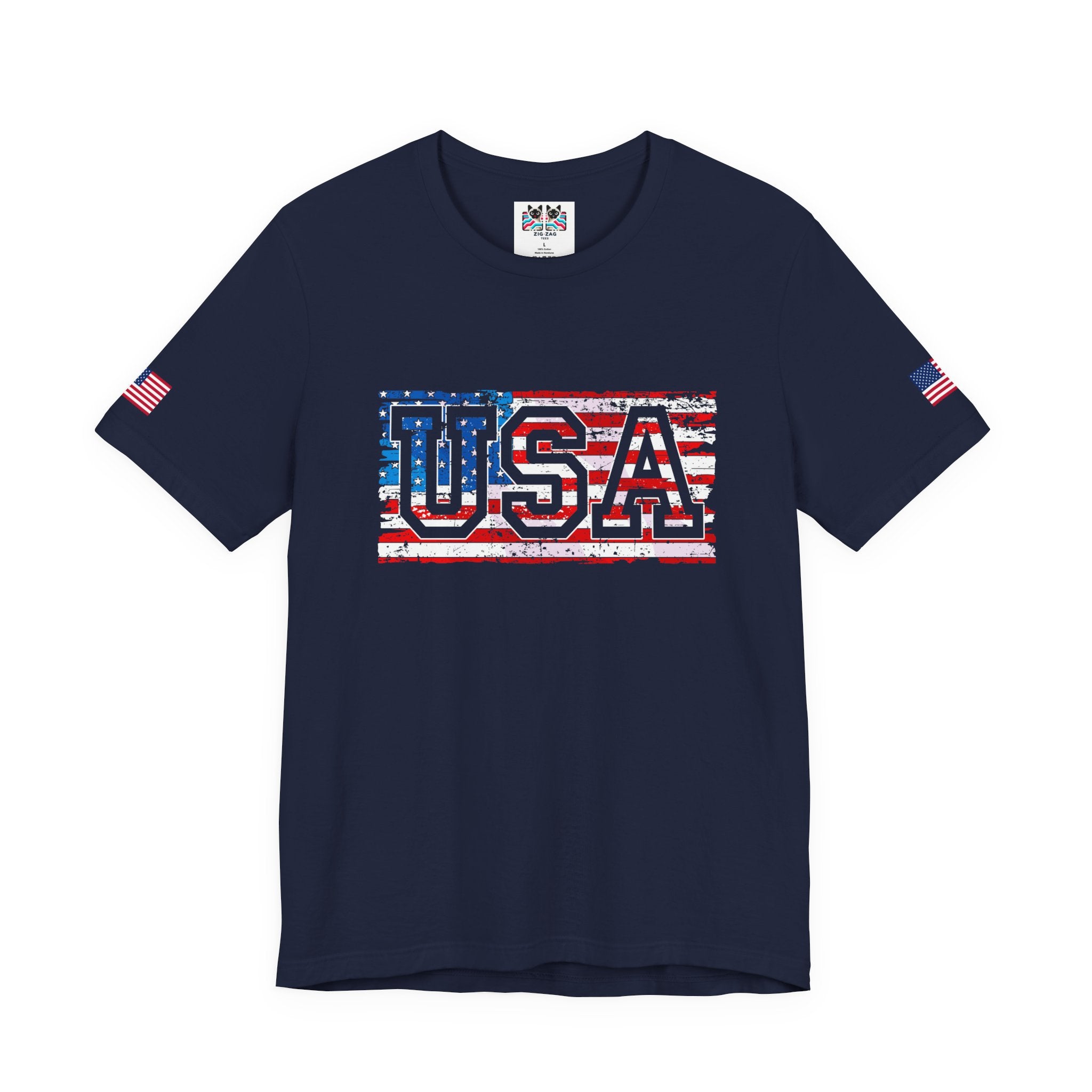 USA Vintage Collegiate T-Shirt – Retro American Flag Typography Graphic Tee