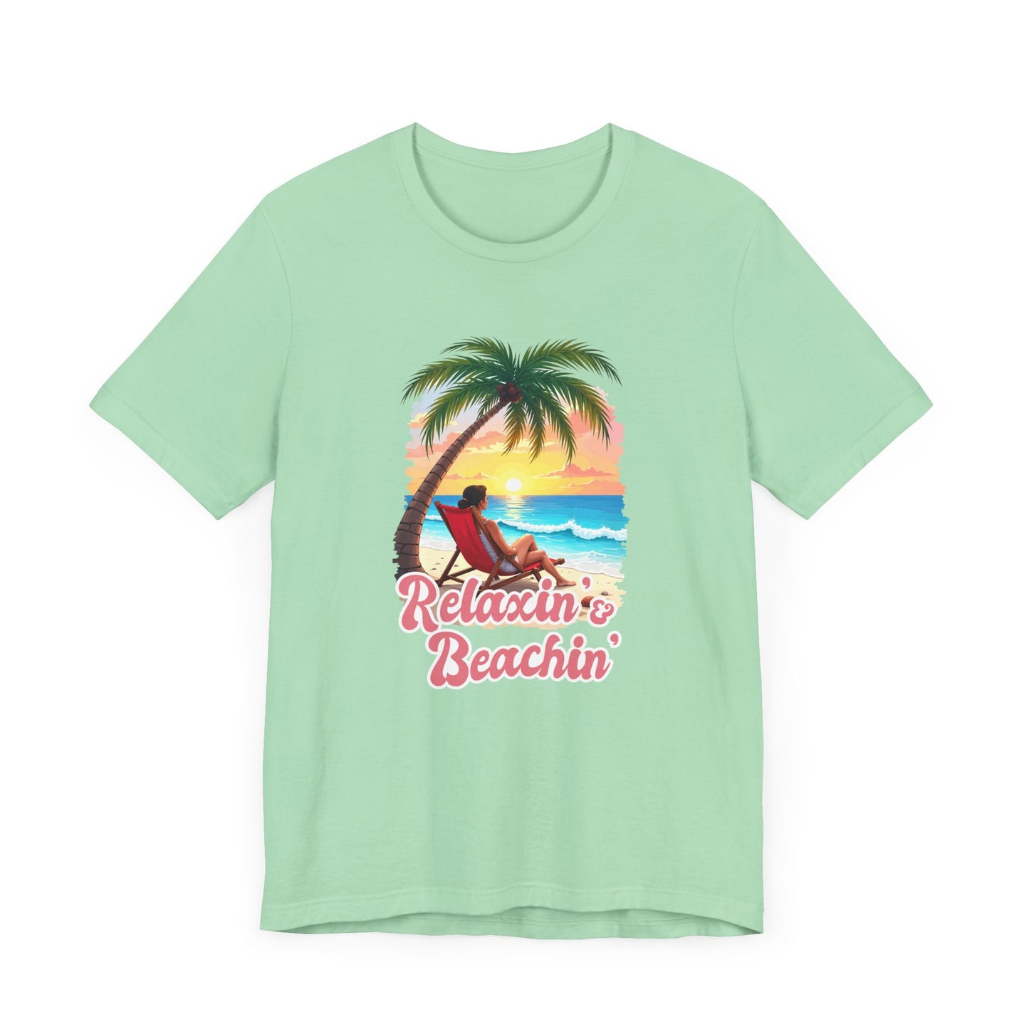 Recharge Mode Relaxin & Beachin' – Woman Lounging Under Palm Tree Beach Scene T-Shirt