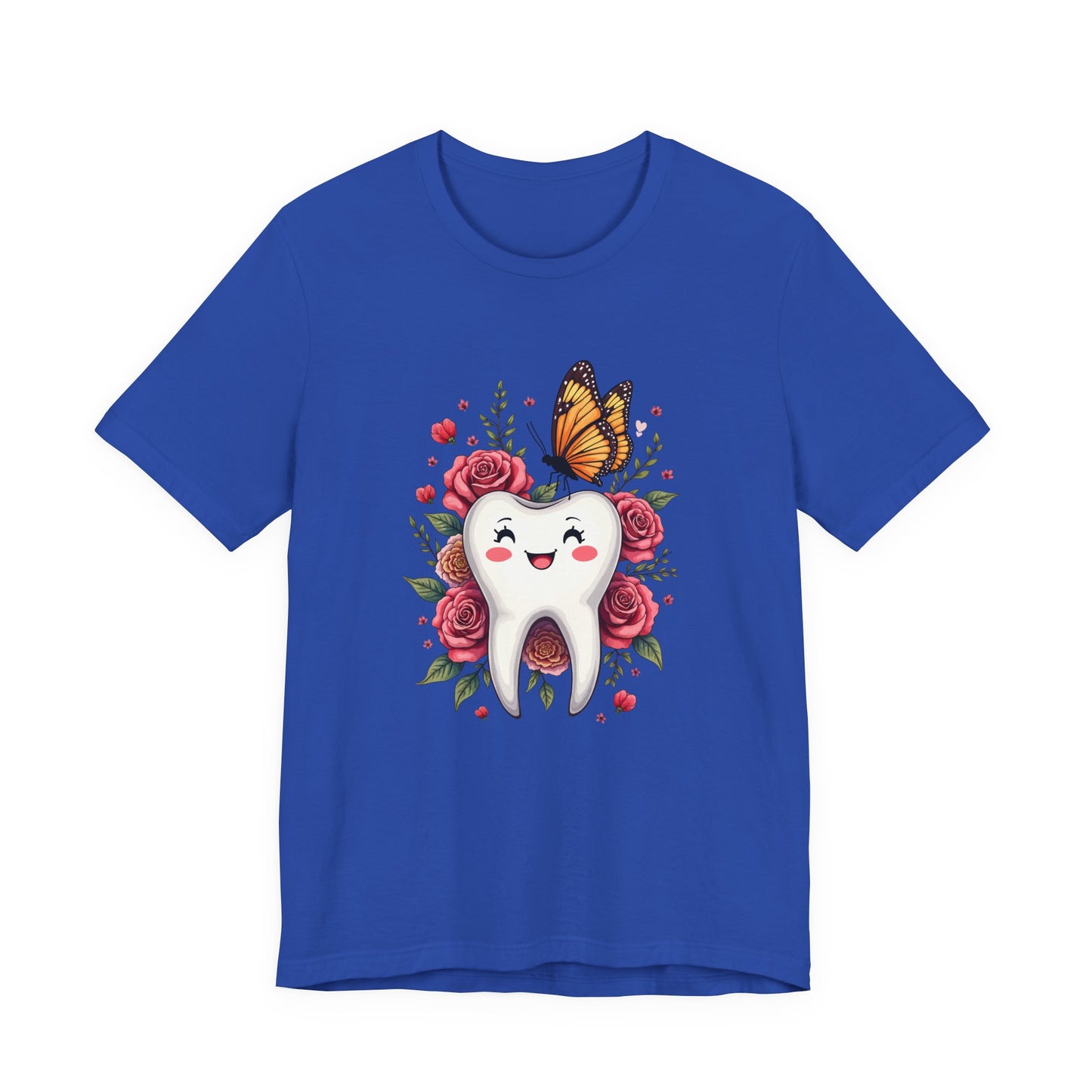Smile T Shirt Featuring Large Smiling Tooth Surrounded by Flowers Leaves and Butterflies