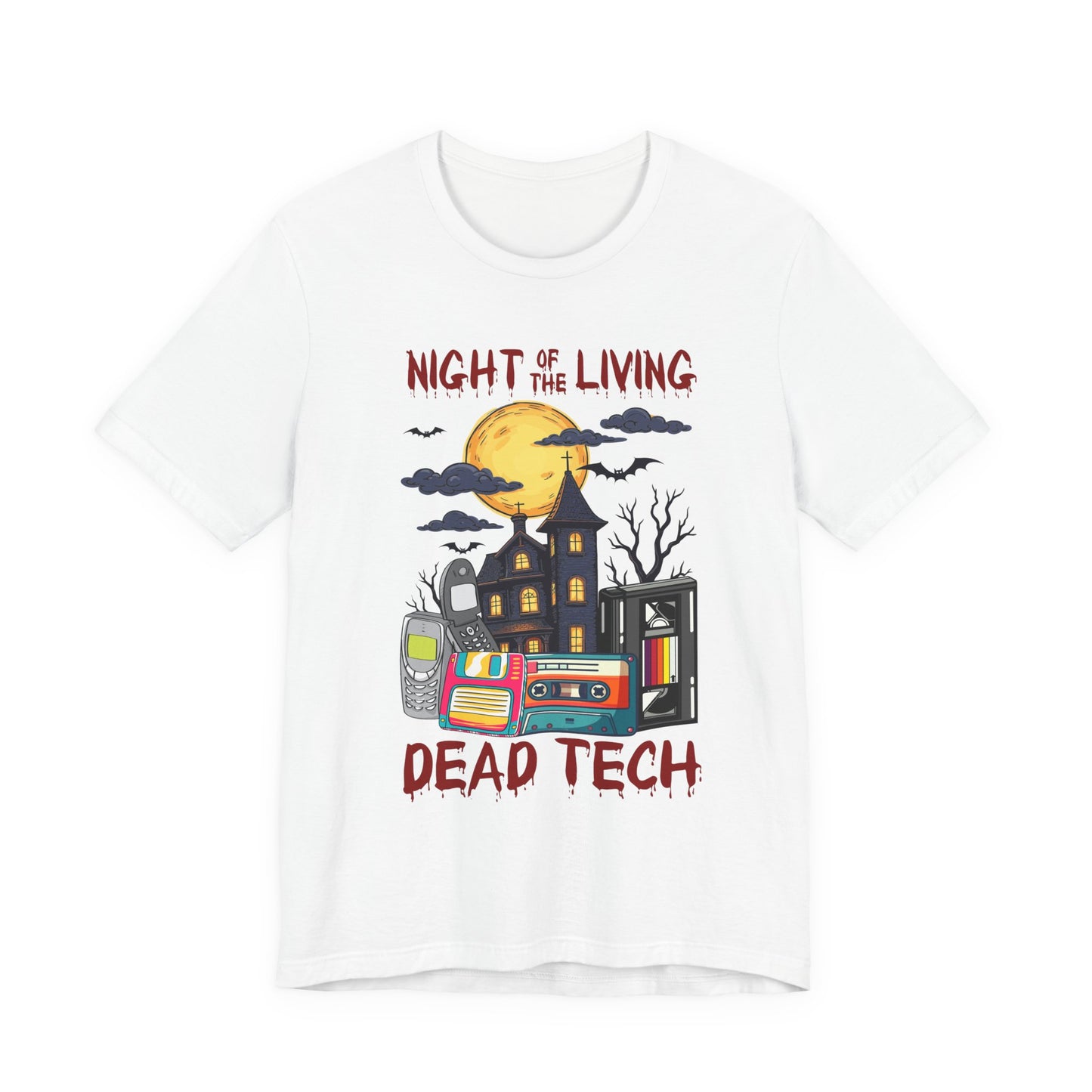 Night of the Living, Dead Tech Tshirt – Haunted Building & Retro Gadgets