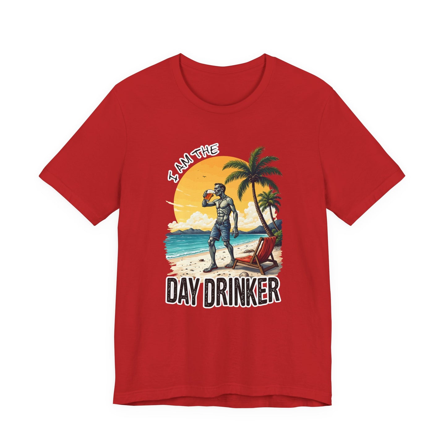 I am the Day Drinker Tshirt Zombie Beach Man with Beer, Shorts, Flip Flop & Reclining Chair