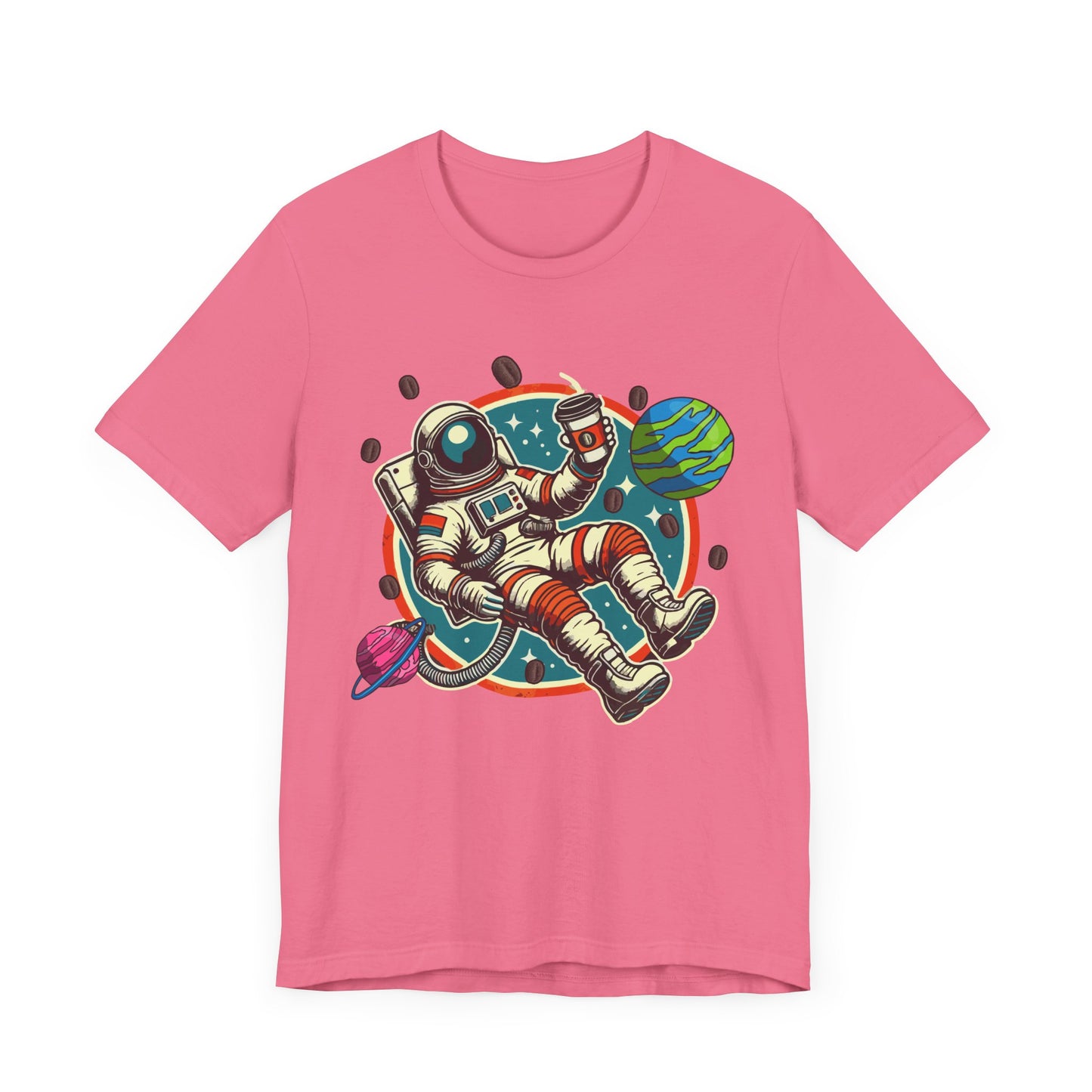 Space Coffee Break | Astronaut Floating with Coffee Cup & Planets Graphic T-Shirt