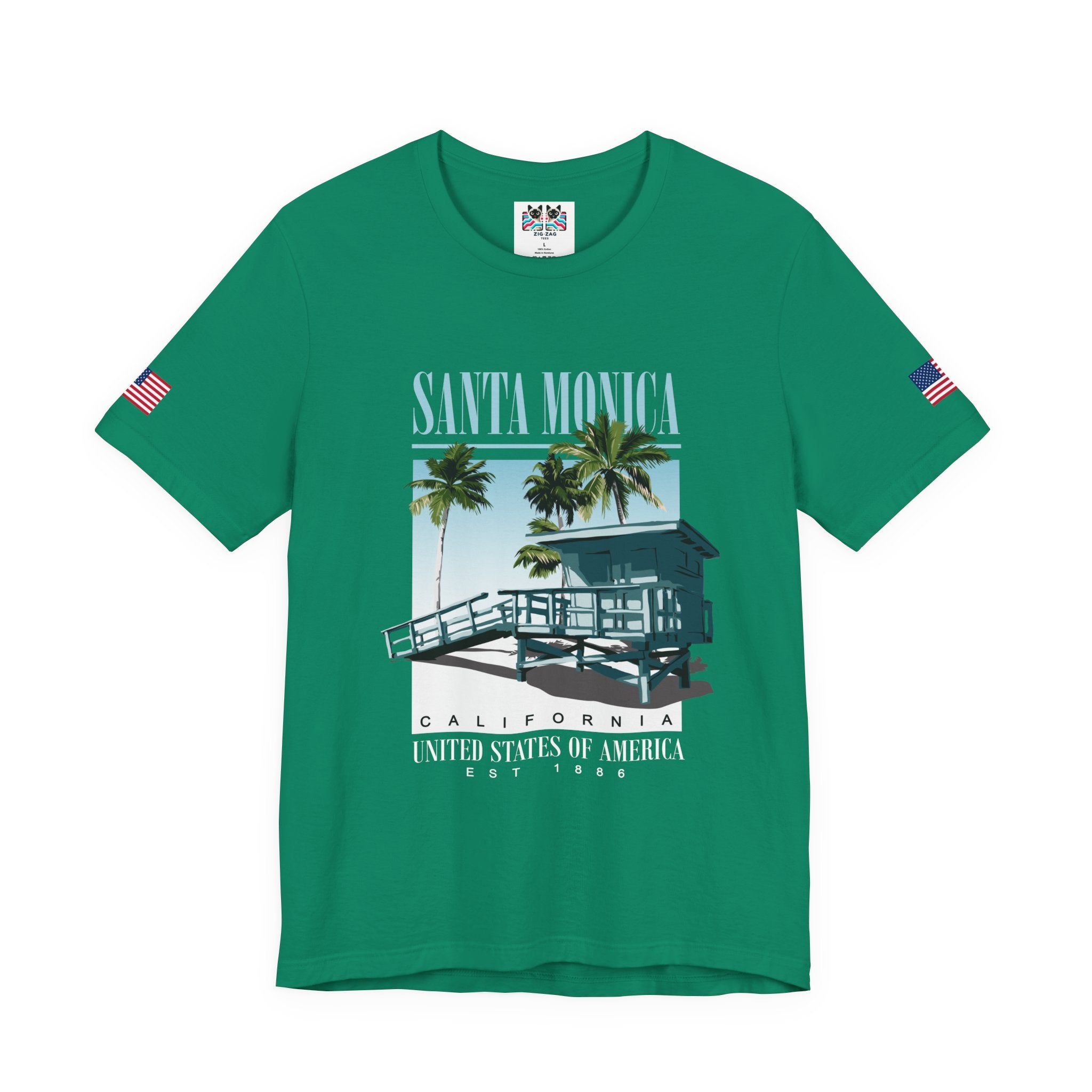 Santa Monica California EST 1886 T-Shirt – Lifeguard Tower Palm Tree Beach Tee