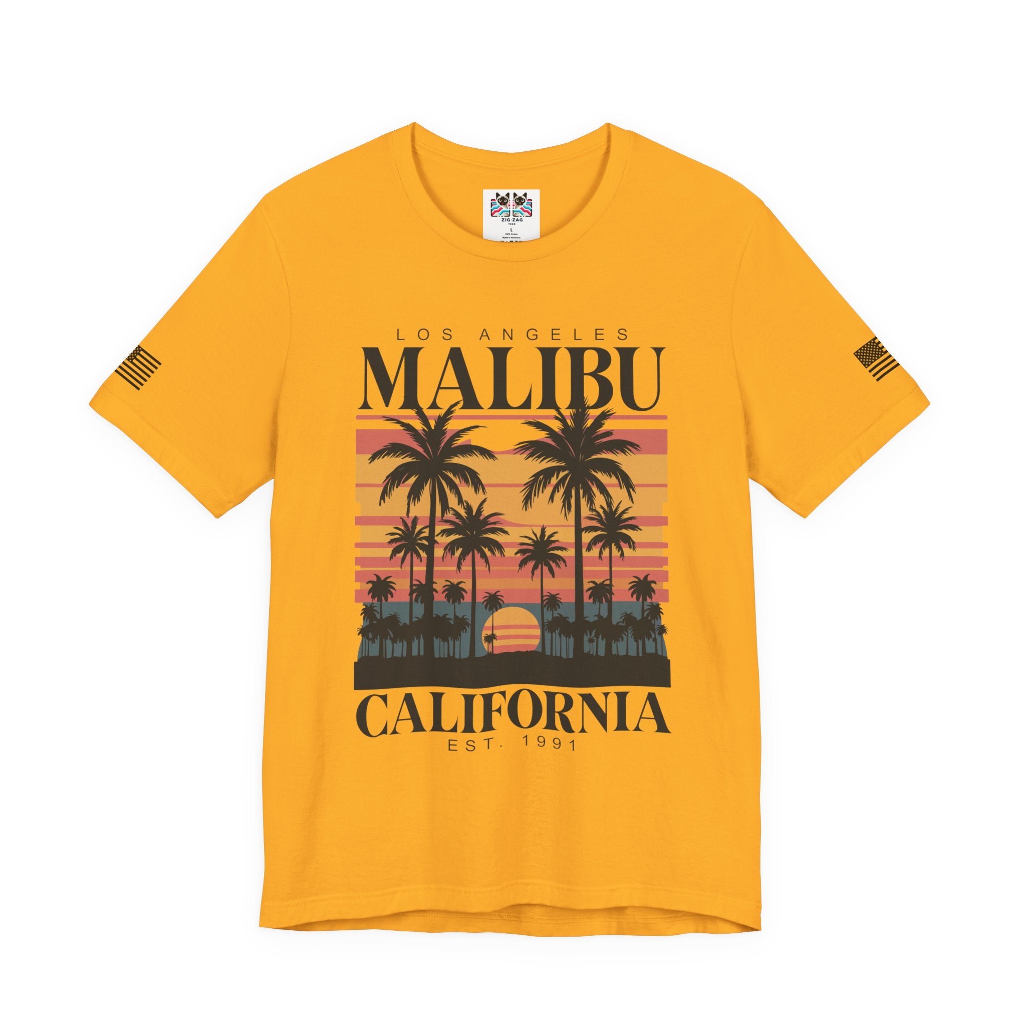Los Angeles Malibu California T-Shirt – Retro Sunset Palm Tree Beach Graphic Tee
