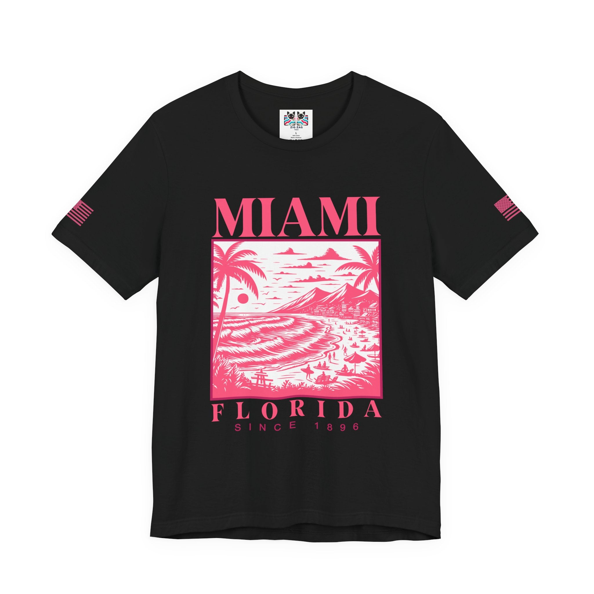 Miami Florida Since 1896 T-Shirt – Engraving Style Beach Scene Palm Tree Graphic Tee
