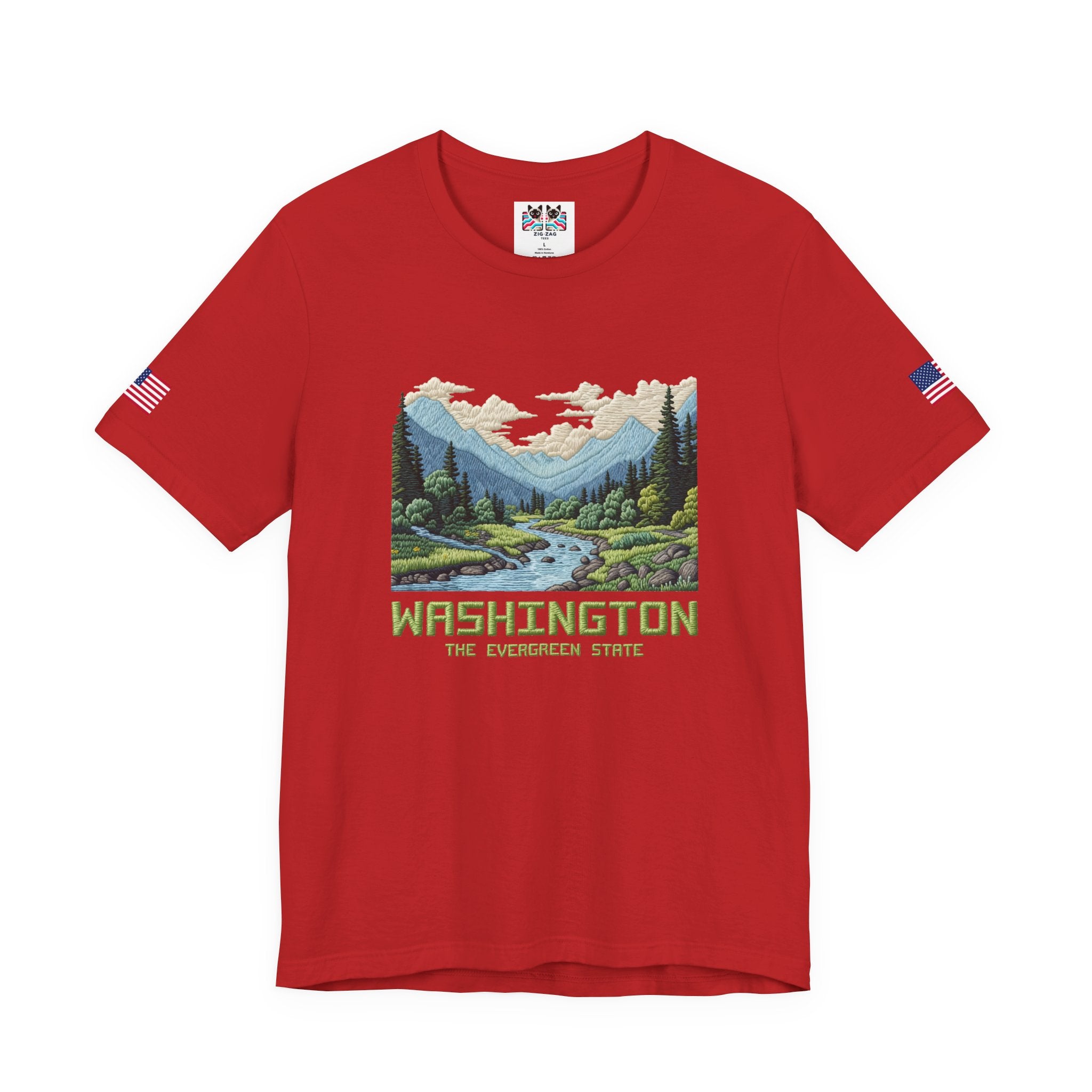 Washington The Evergreen State Embroidery-Style Mountain River Graphic T-Shirt | Pacific Northwest Nature Tee | WA Souvenir