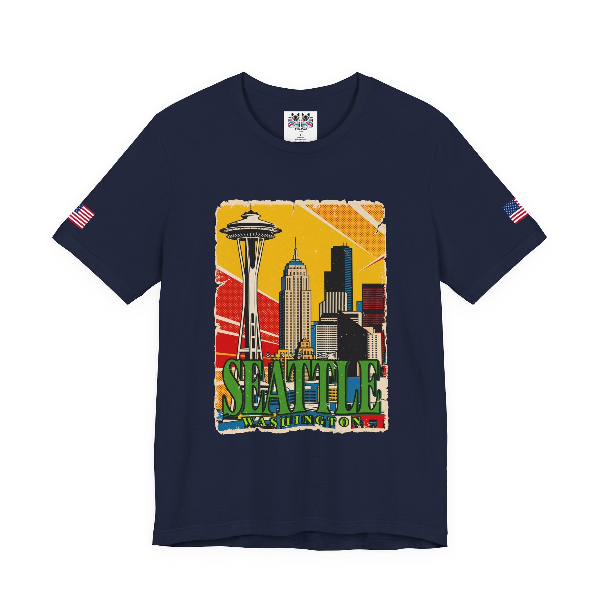 Seattle Washington Retro Pop Art Skyline T-Shirt | Space Needle Comic Style Graphic Tee | Seattle Souvenir Shirt