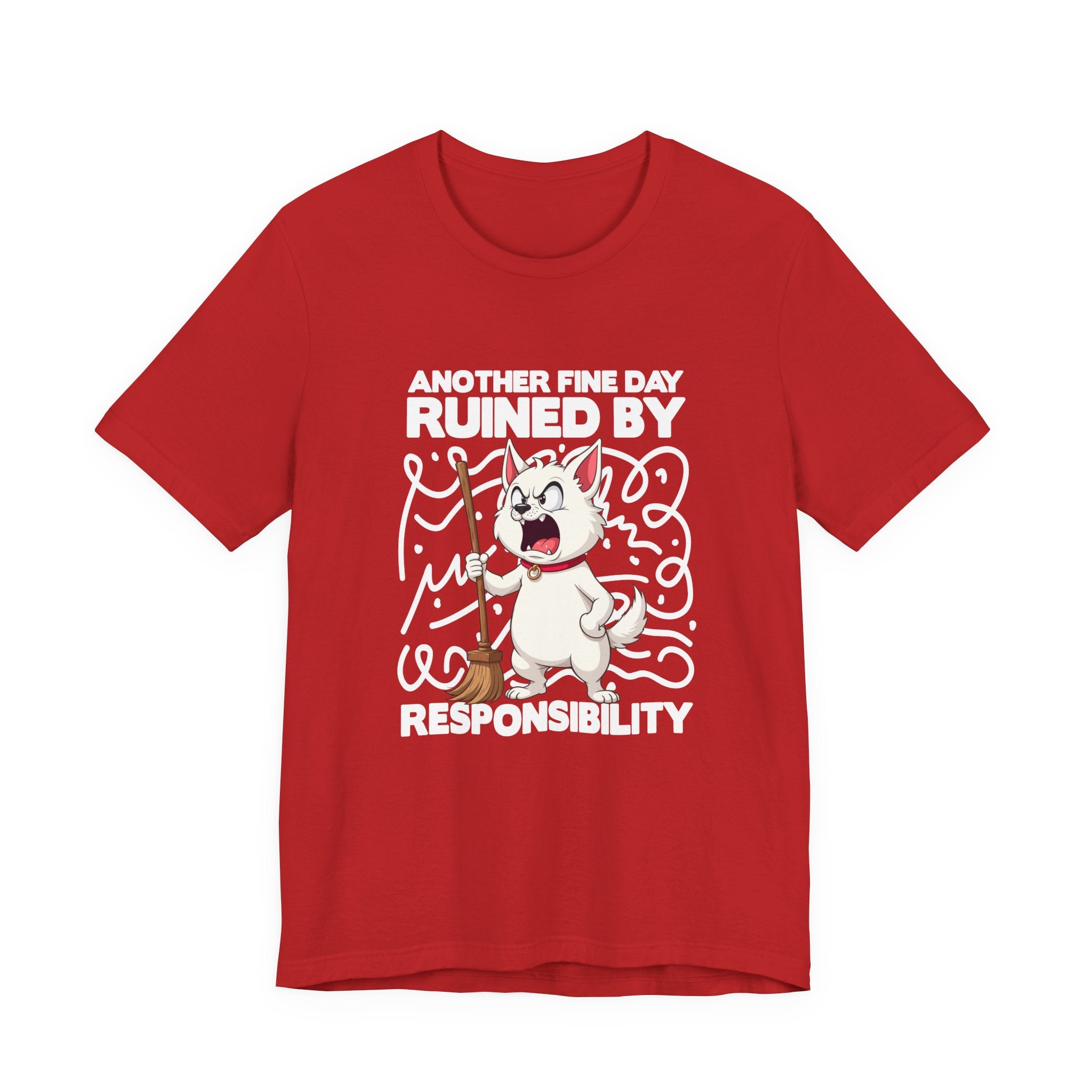 Another Fine Day Ruined By Responsibility T-Shirt – Angry Cat with Broom Graphic Tee