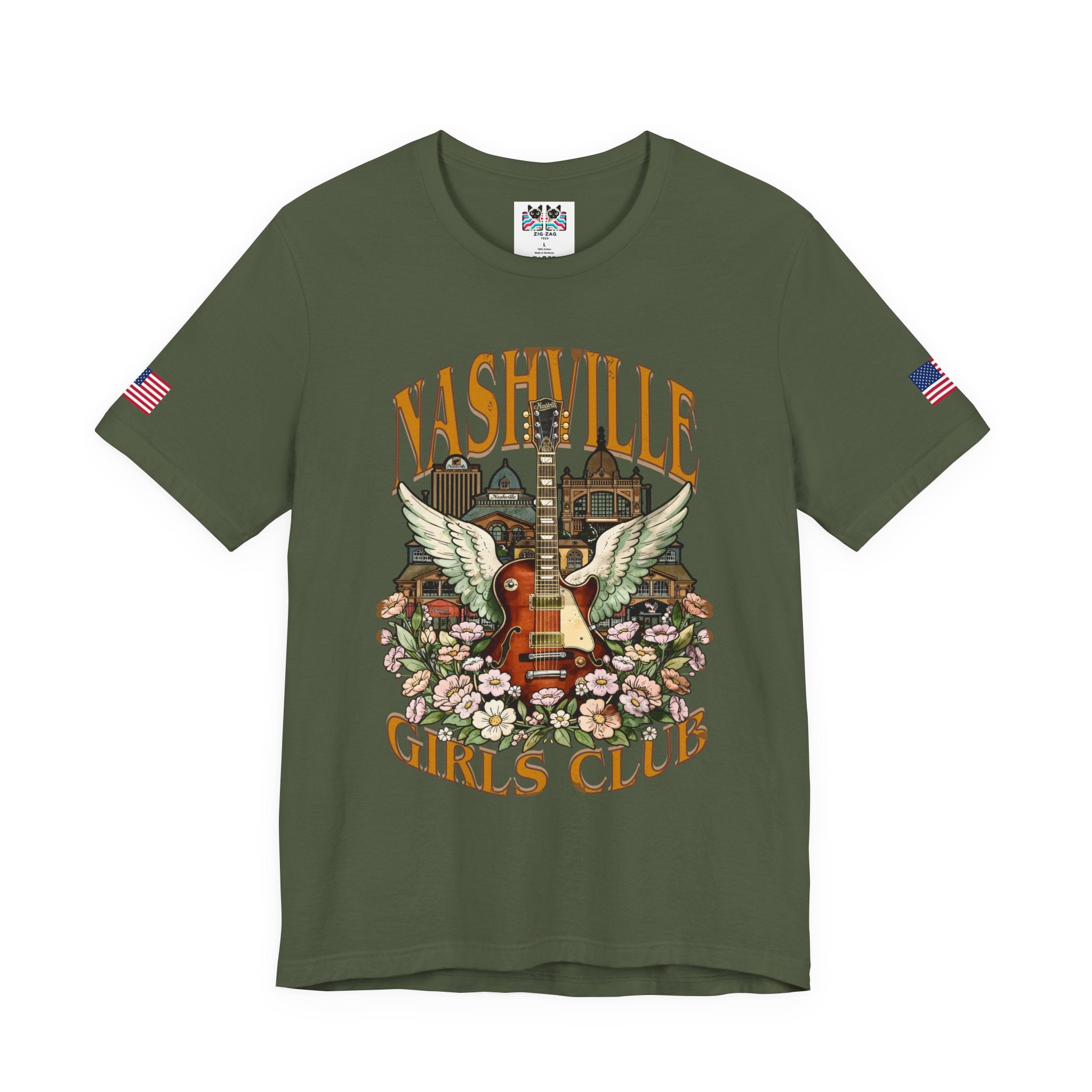 Nashville Girls Club T-Shirt – Winged Guitar Floral Skyline Graphic Tee