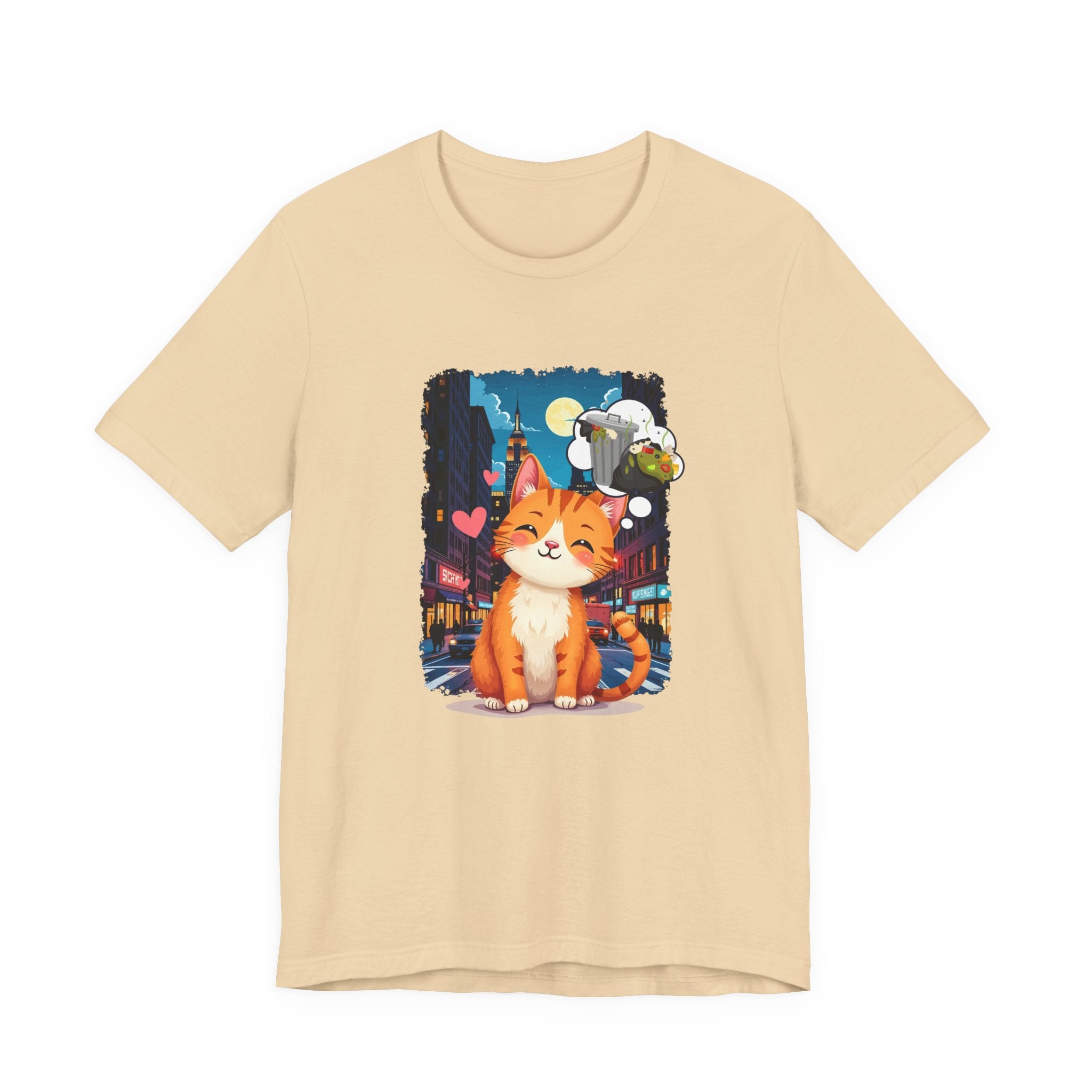 City Cat Dreams – Happy Orange Cat with Urban Garbage Thought Bubble Graphic T-Shirt