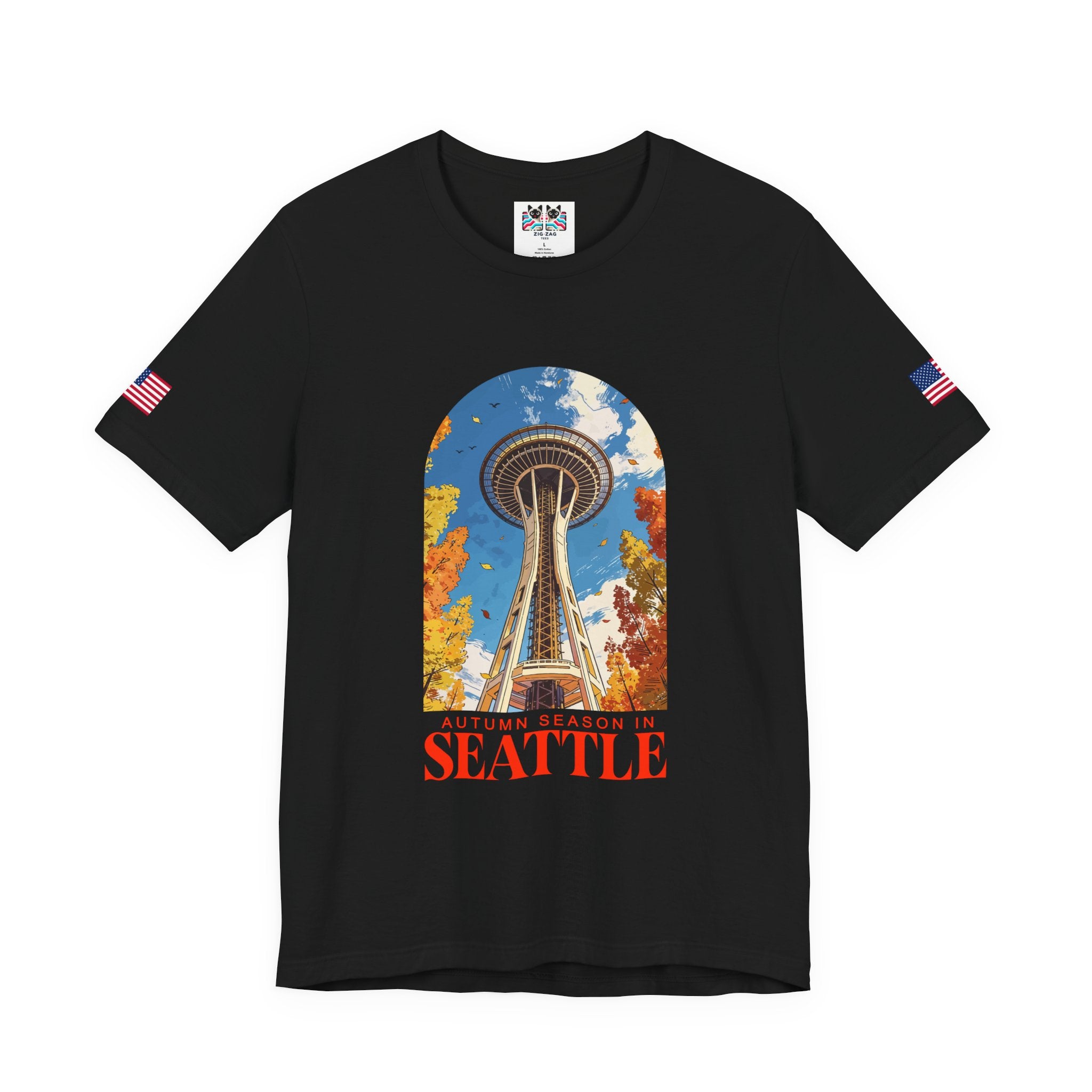 Autumn Season in Seattle Space Needle Fall Foliage T-Shirt | Seattle Fall Graphic Tee | Space Needle Seasonal Shirt