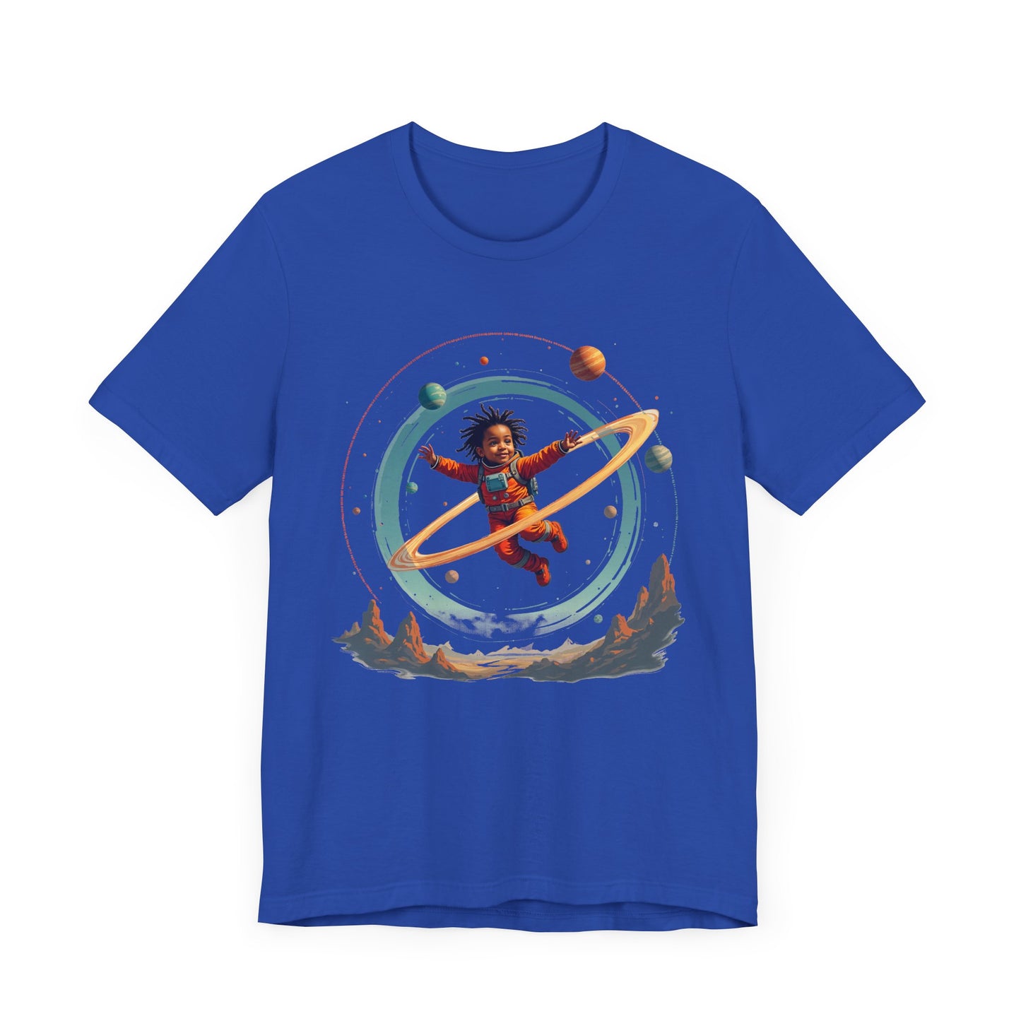 Toddler Flying in Spacesuit with Revolving Planets Space Adventure Graphic T-Shirt