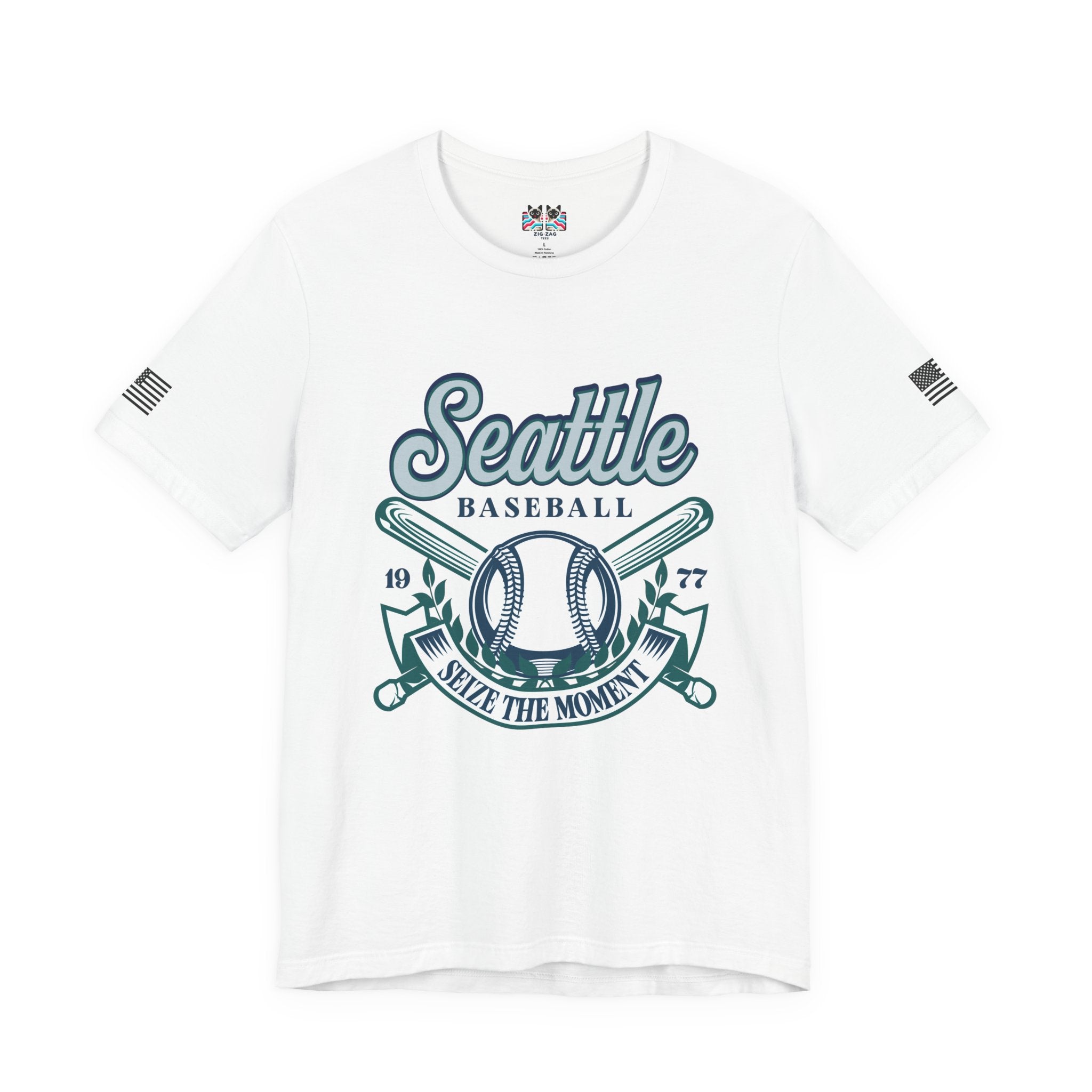 Seattle Baseball 1977 Seize the Moment Retro Crest Graphic T-Shirt | Seattle Mariners Inspired Fan Tee | Baseball Gift