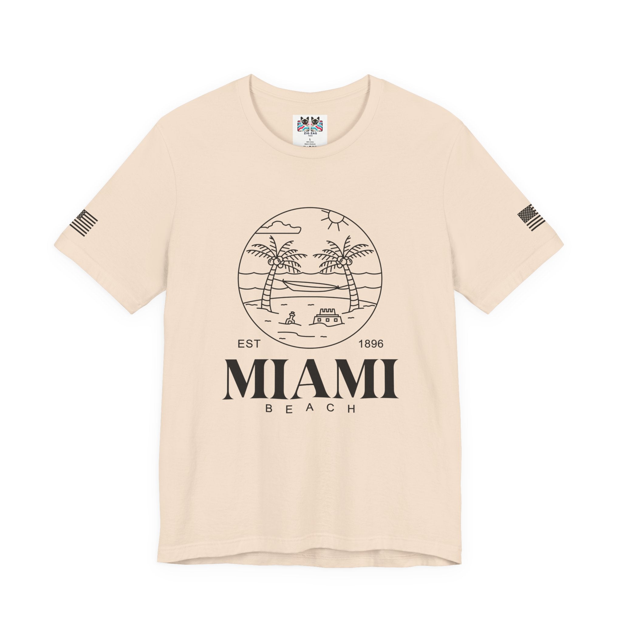 Miami Beach EST 1896 T-Shirt – Circle Line Art Badge Hammock Palm Tree Graphic Tee