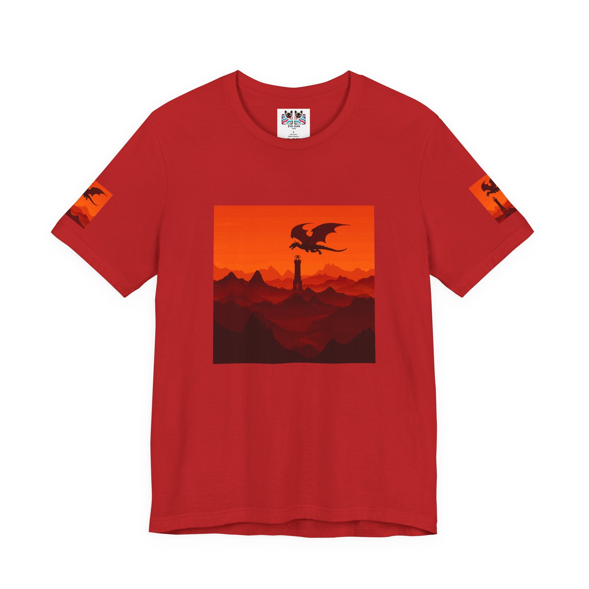 Dragon Sunset T-Shirt – Silhouette Flying Dragon Mountain Landscape Fantasy Graphic Tee