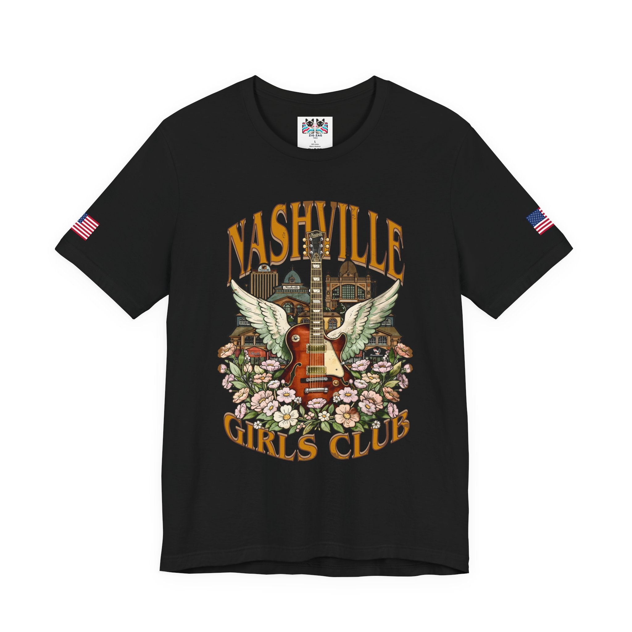 Nashville Girls Club T-Shirt – Winged Guitar Floral Skyline Graphic Tee
