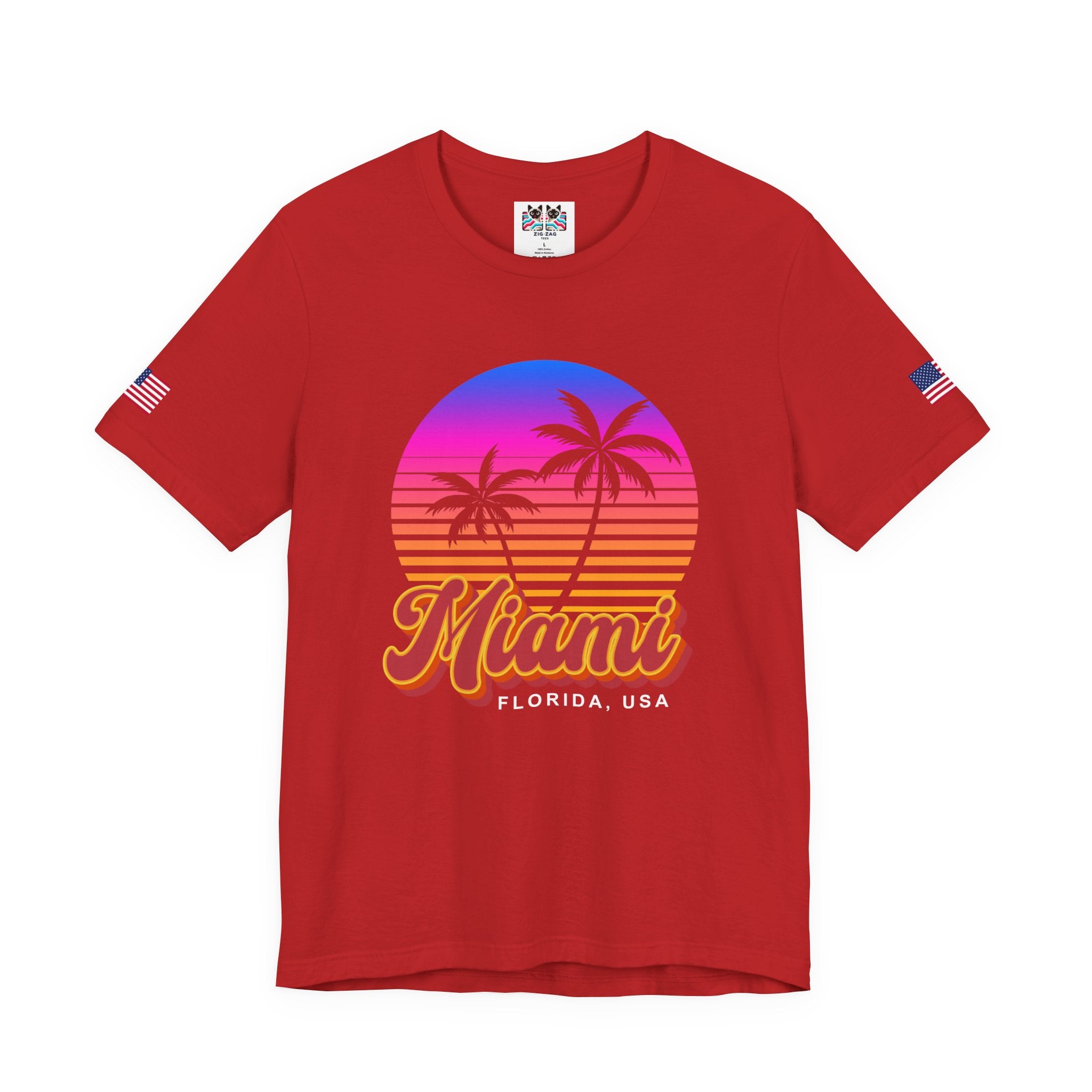 Miami Florida USA T-Shirt – Retro Neon Sunset Palm Tree Circle Graphic Tee
