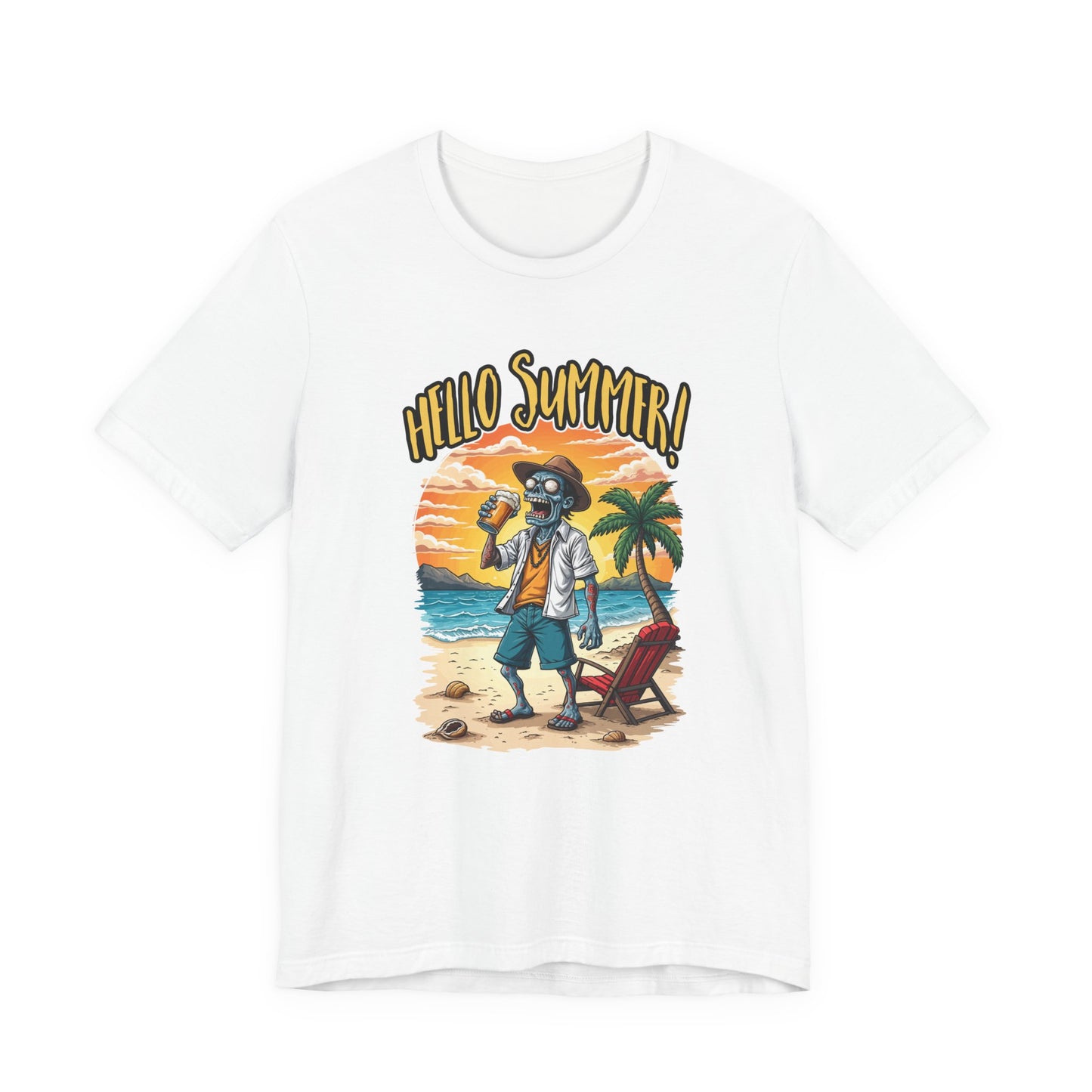 Hello Summer Tshirt Old Zombie with Cap, Beer Glass, Beach, Palm Trees & Reclining Chair