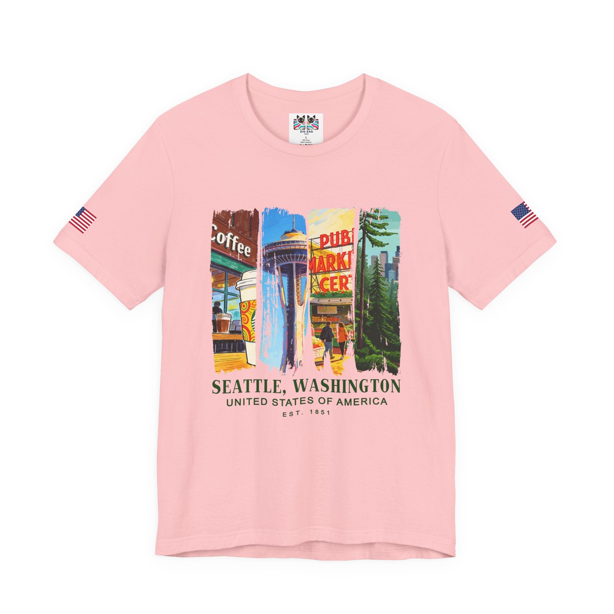 Seattle Washington Icons Collage T-Shirt | Coffee Space Needle Pike Place Market Graphic Tee | Seattle Souvenir