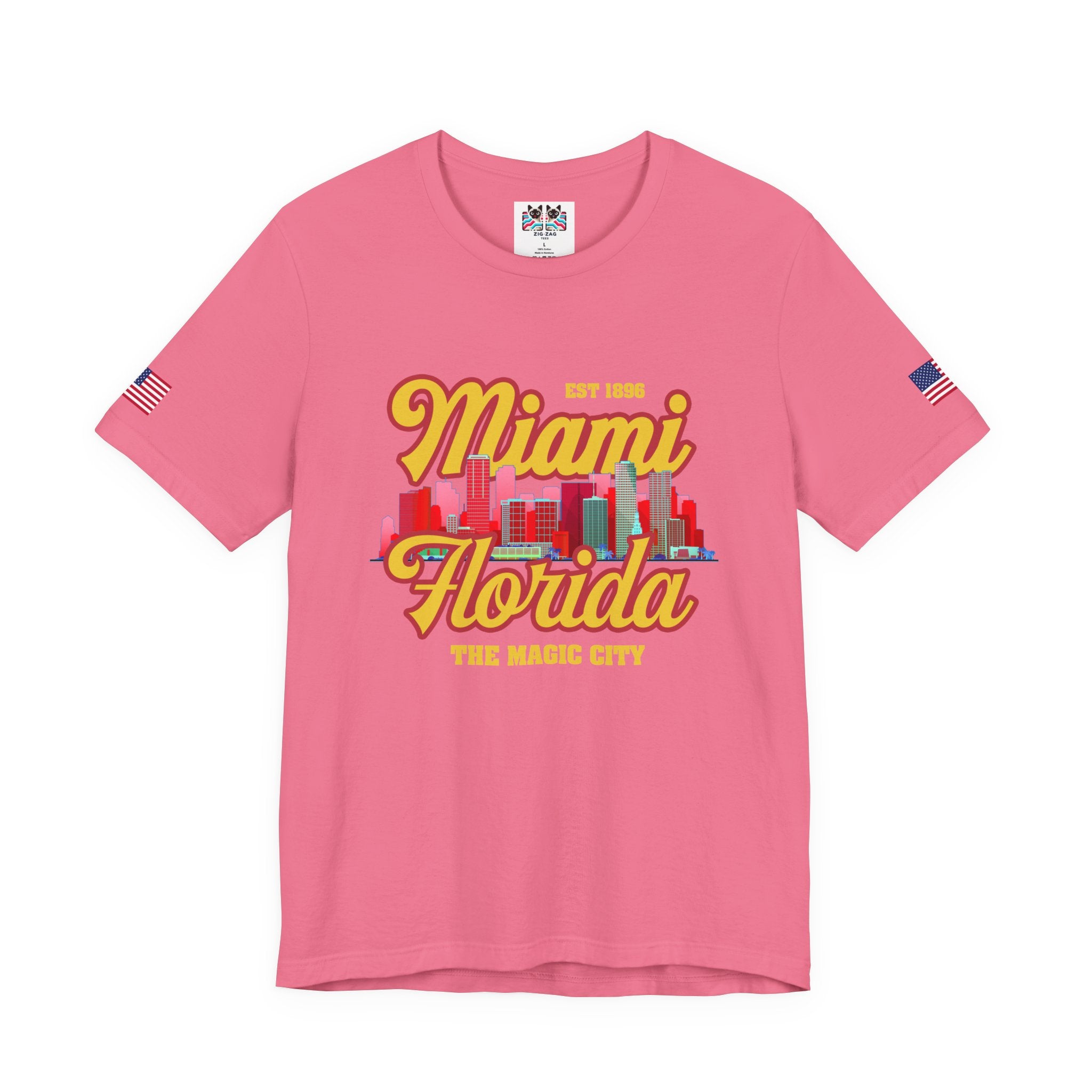 Miami Florida EST 1896 The Magic City T-Shirt – Retro Script Colorful Skyline Tee