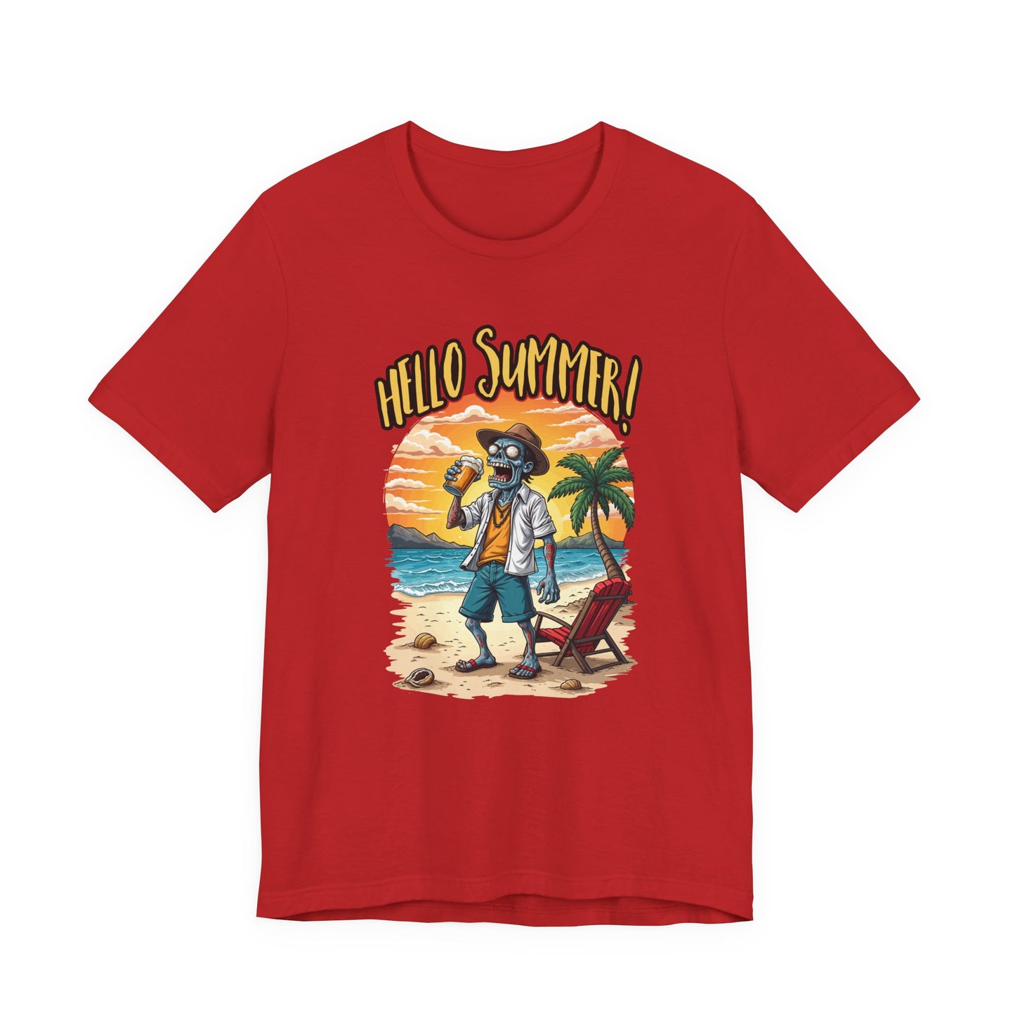 Hello Summer Tshirt Old Zombie with Cap, Beer Glass, Beach, Palm Trees & Reclining Chair