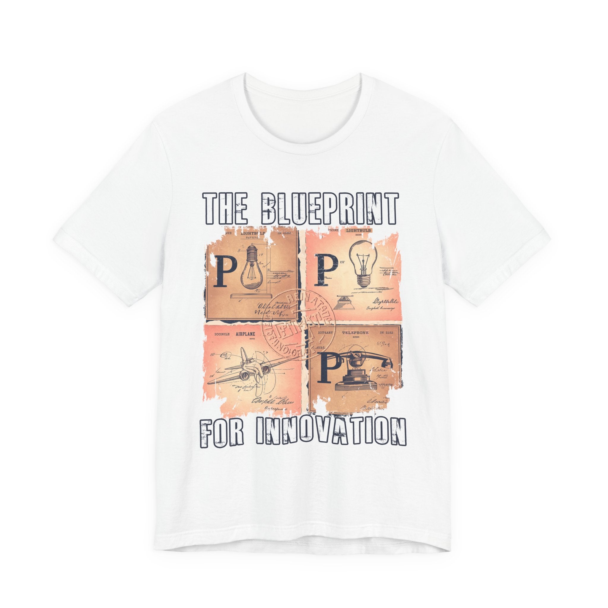 The Blueprint for Innovation Tshirt – Vintage Paper with Iconic Inventions Graphic
