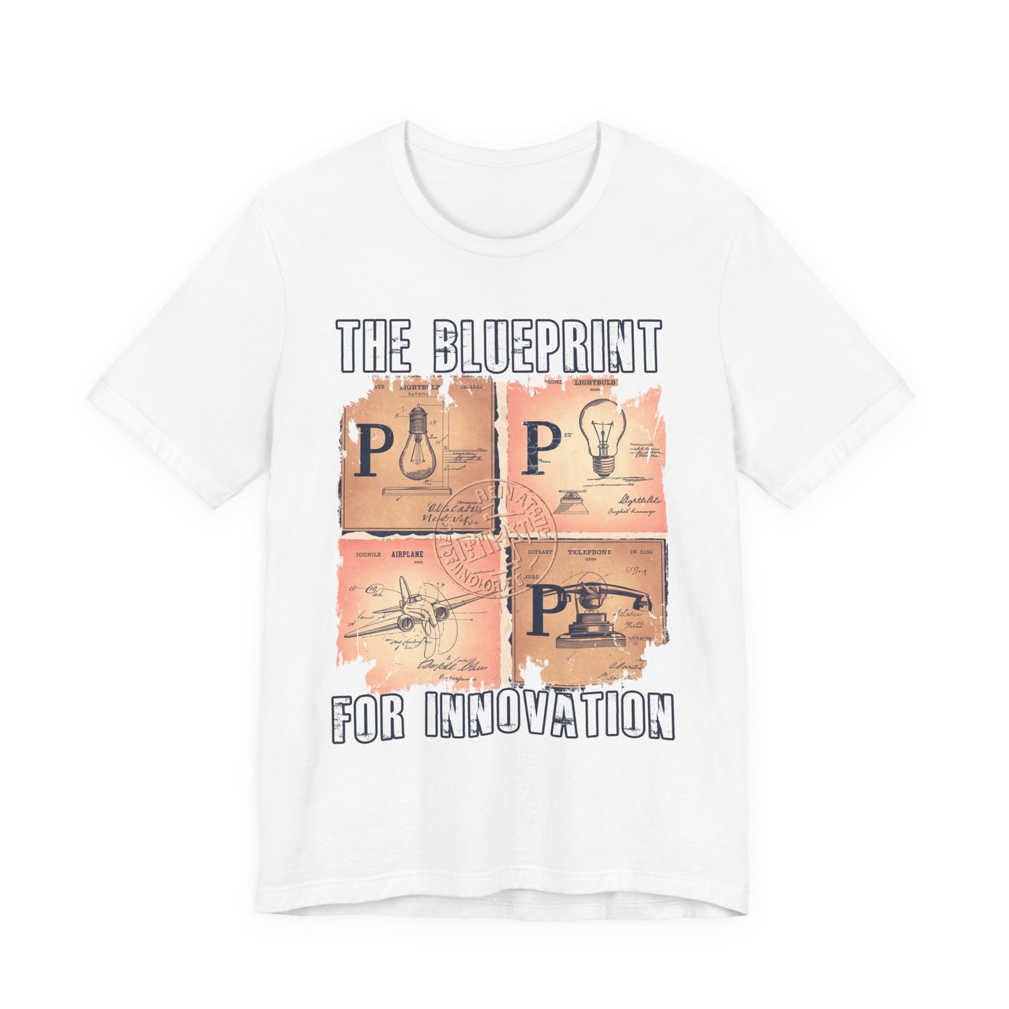 The Blueprint for Innovation Tshirt – Vintage Paper with Iconic Inventions Graphic