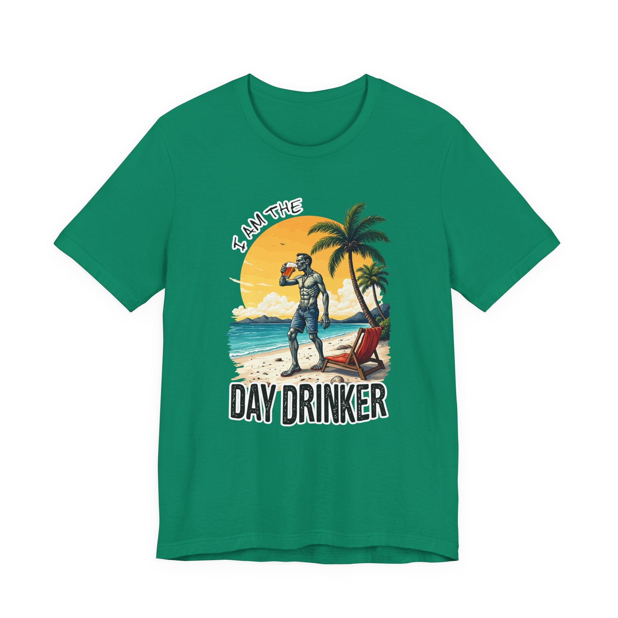 I am the Day Drinker Tshirt Zombie Beach Man with Beer, Shorts, Flip Flop & Reclining Chair