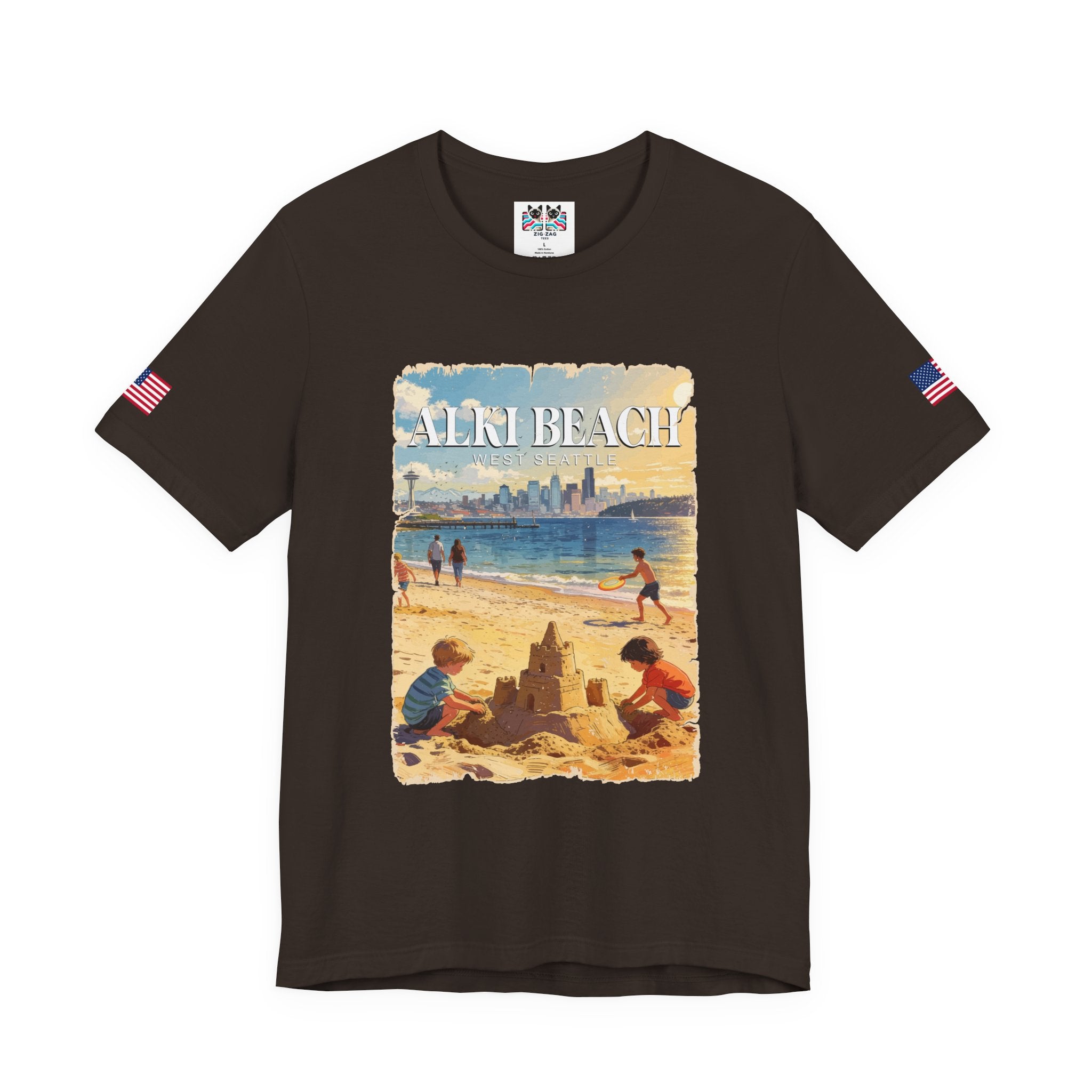 Alki Beach West Seattle Vintage Travel Poster Graphic T-Shirt | West Seattle Souvenir Tee | Puget Sound Beach Shirt