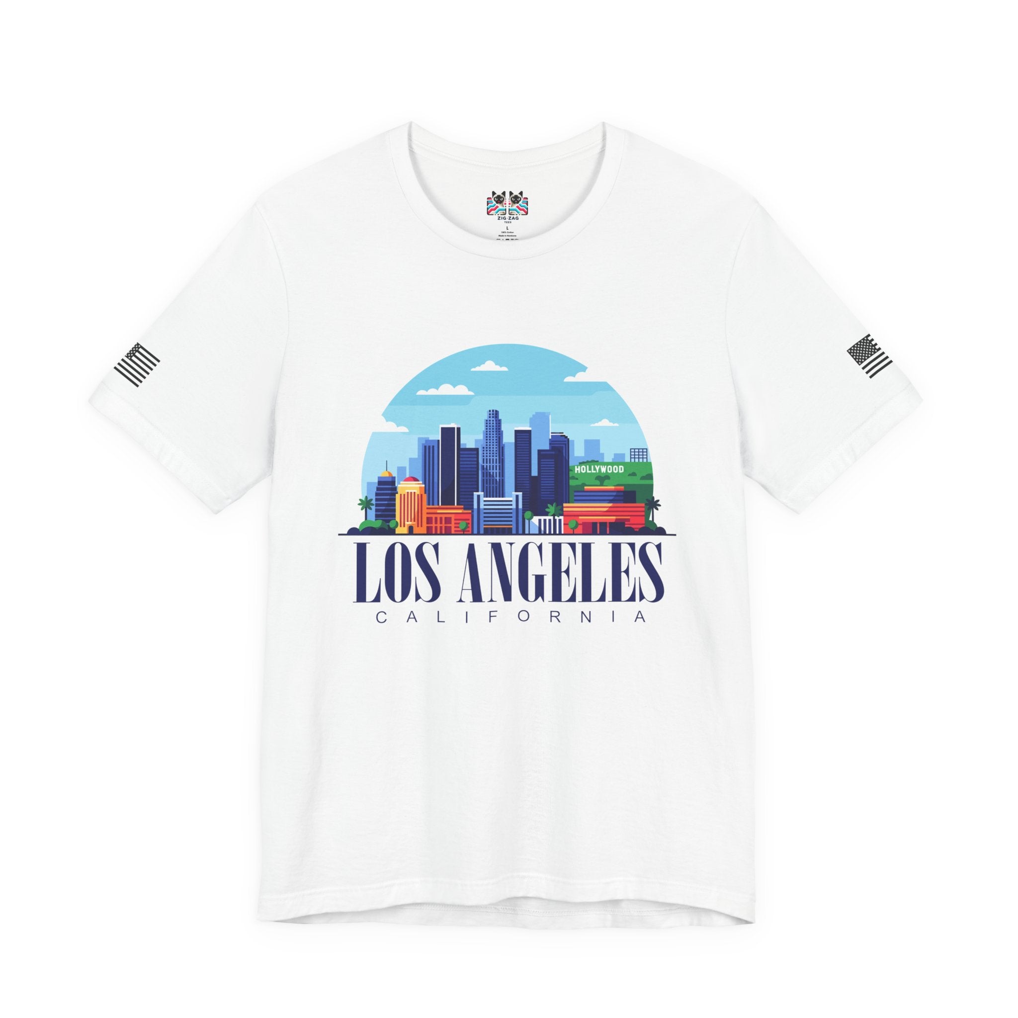 Los Angeles California T-Shirt – Hollywood Sign Colorful Illustrated Skyline Circle Tee