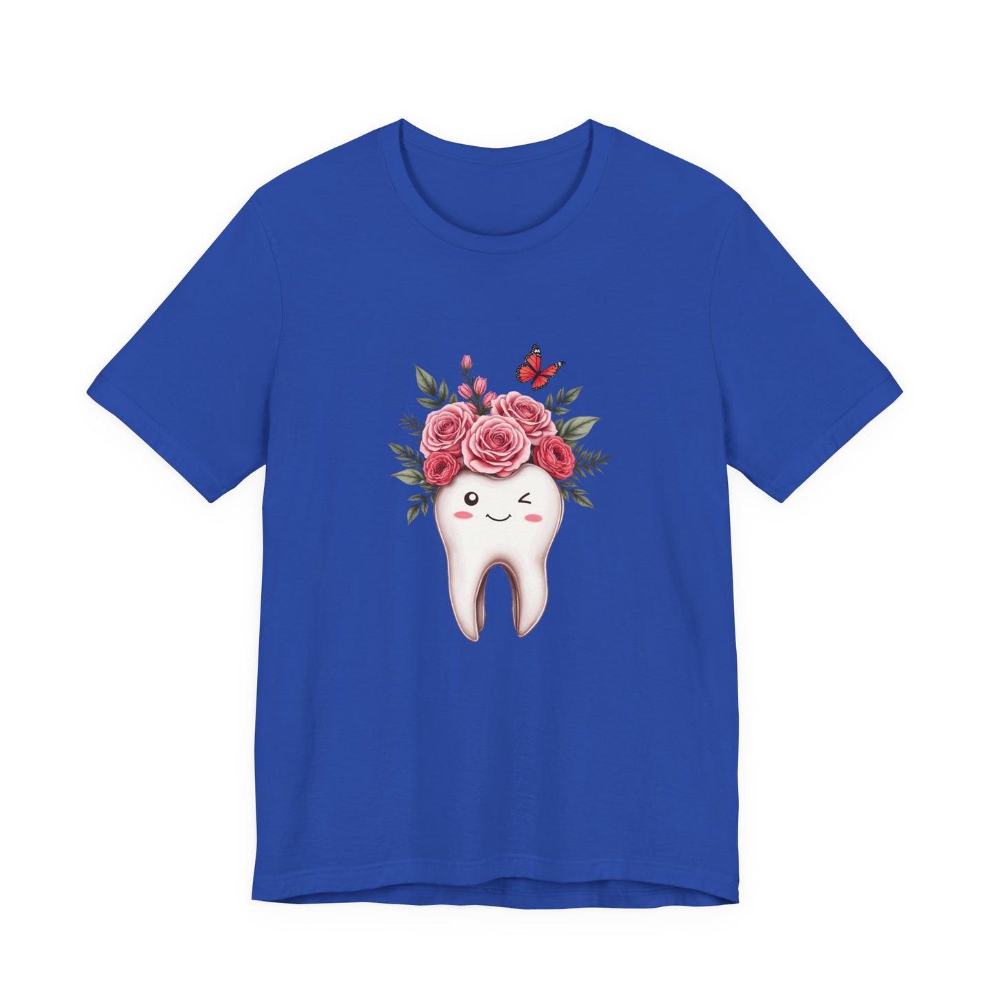 Smile T Shirt with Large Winking Tooth Surrounded by Flowers Leaves and Butterflies